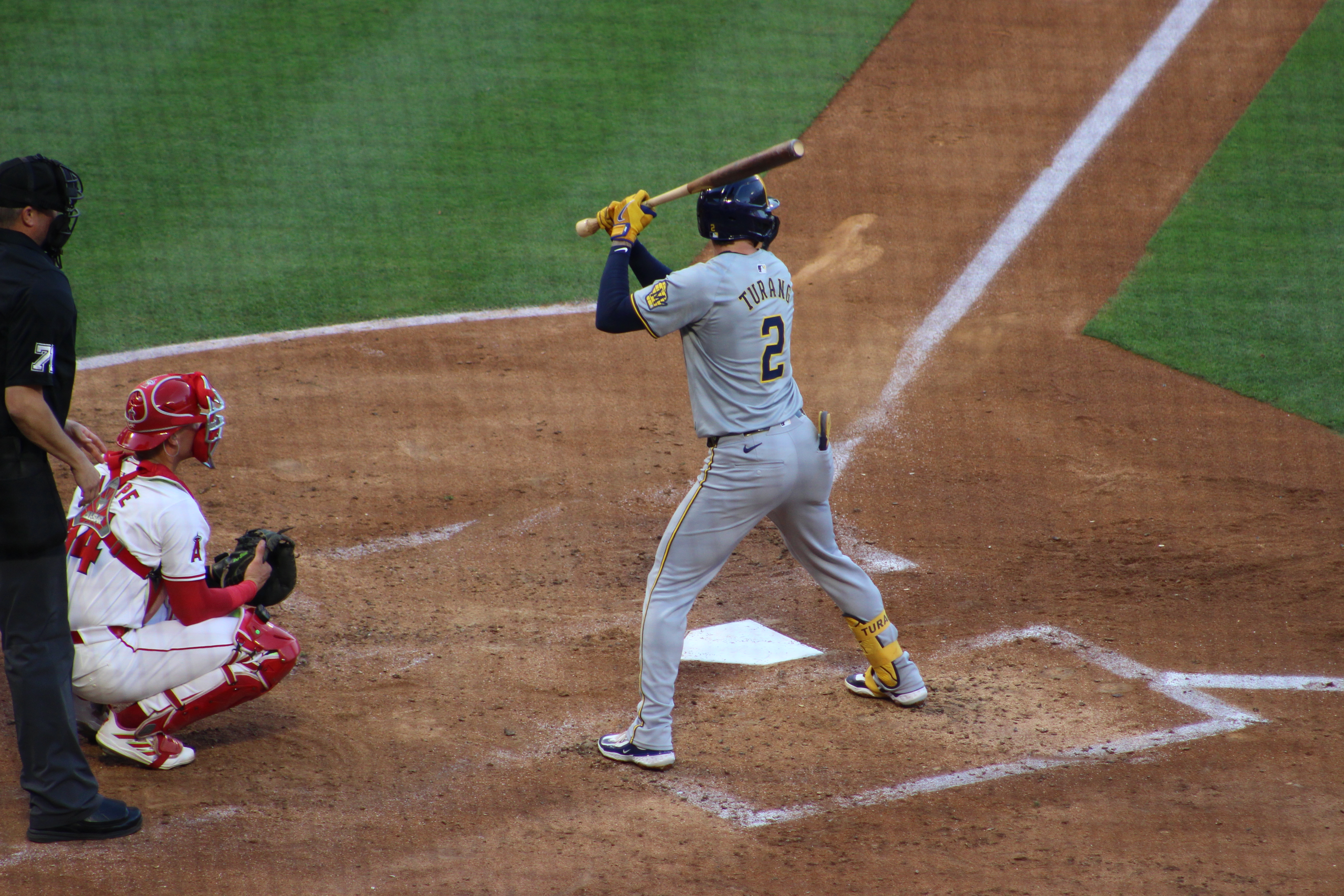 Brewers second baseman Brice Turang at bat, file photo — Turang's NLCS Game 1 home run off Tarik Skubal gave Milwaukee a 2-1 win over the Dodgers