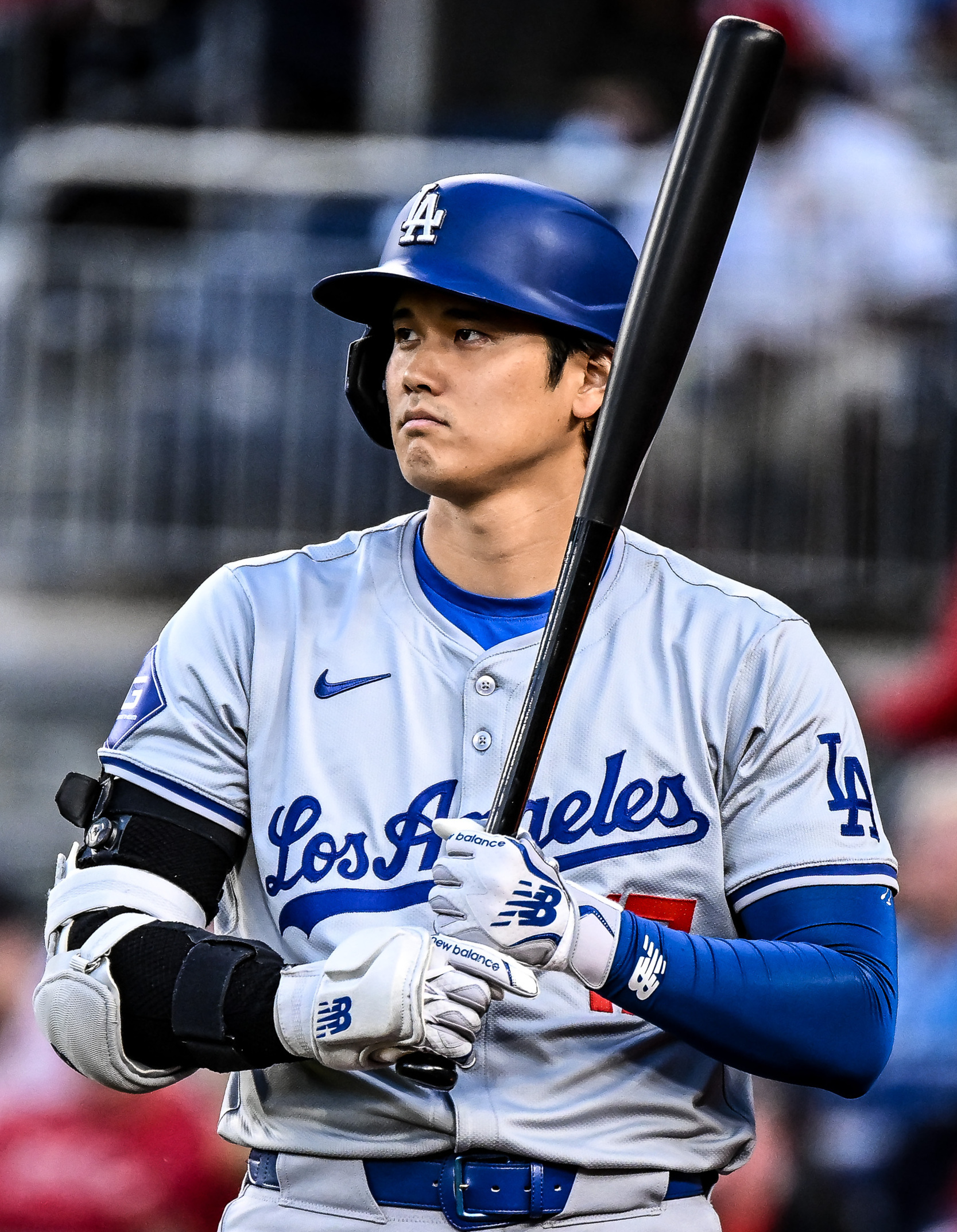Shohei Ohtani in a Los Angeles Dodgers uniform holding a bat — Dodgers Brewers NLCS Game 2 file photo