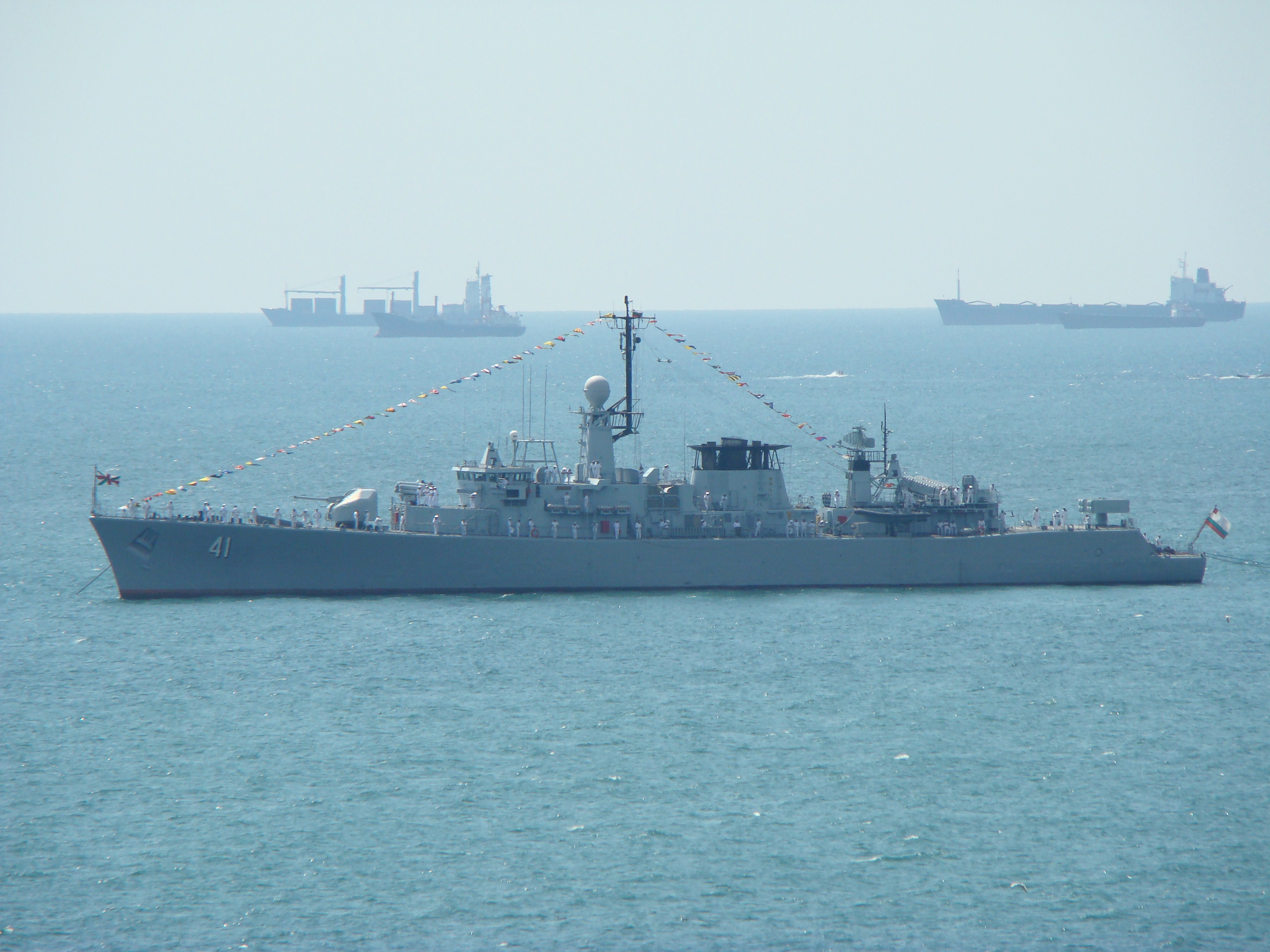 Bulgarian Navy frigate Drazki at anchor with merchant ships behind — NATO Black Sea surveillance file photo