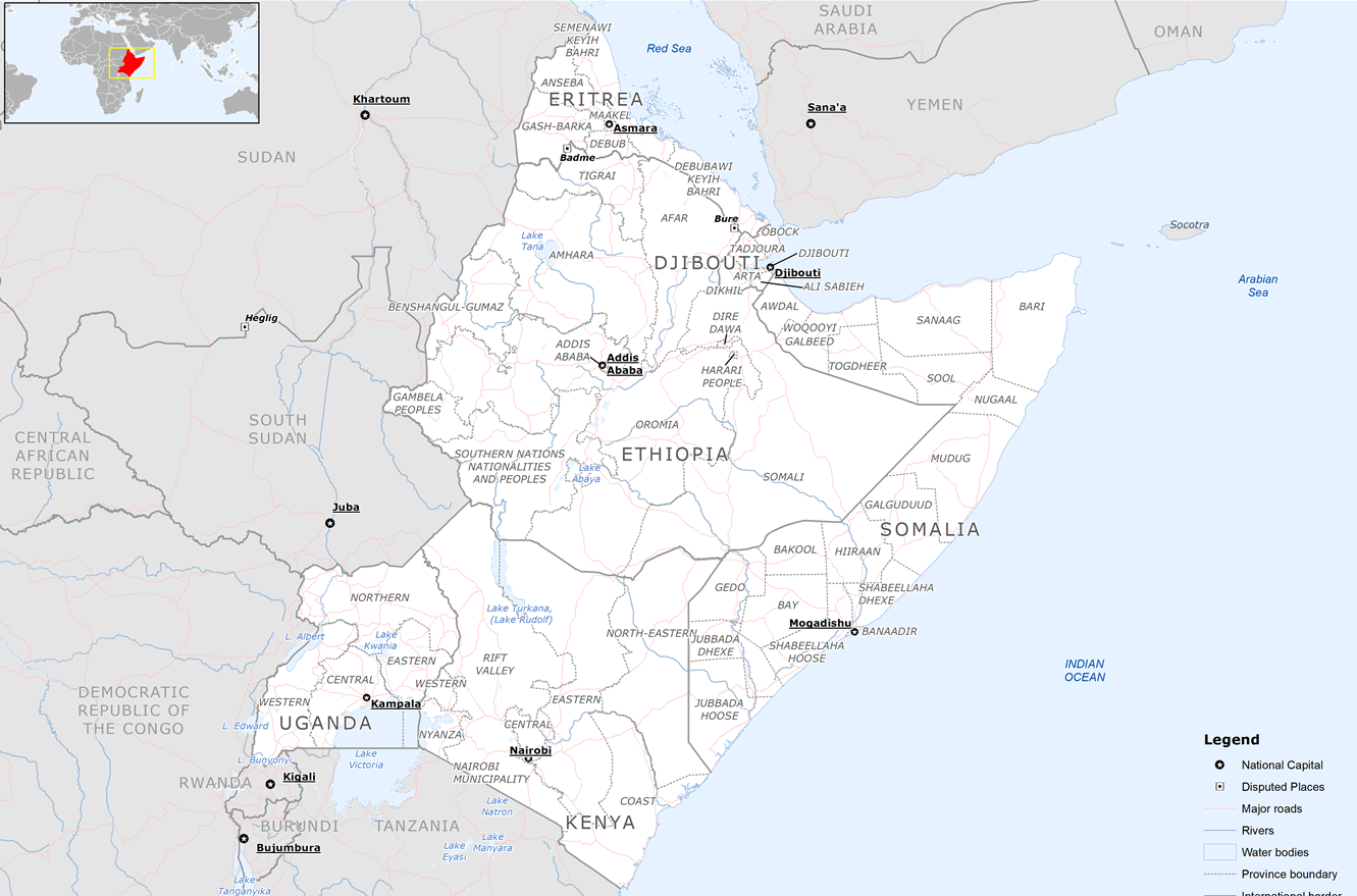 Horn of Africa map showing Ethiopia, Eritrea, Somalia, Sudan and the Red Sea approaches