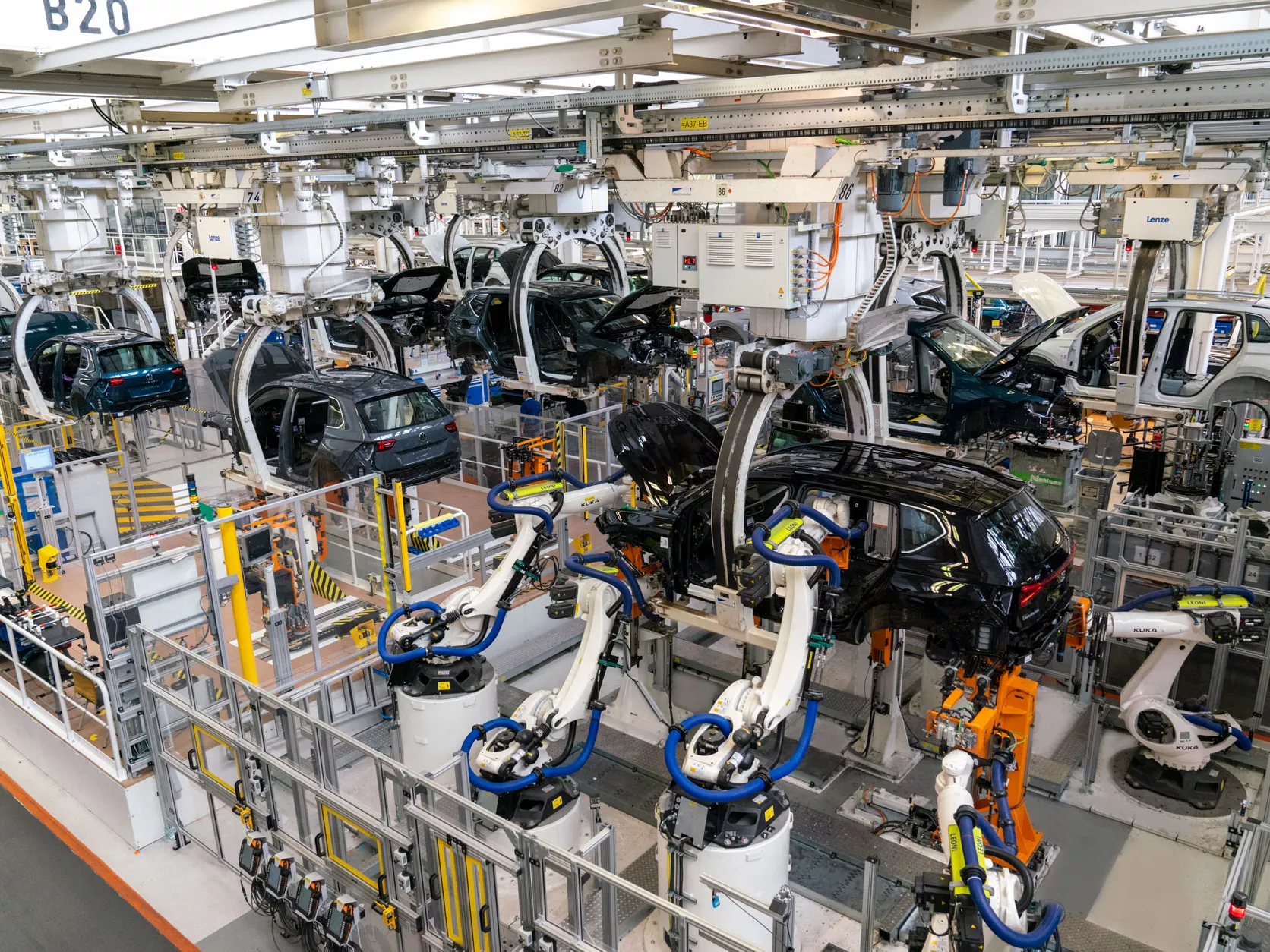 Robotic assembly line at a European car factory producing vehicle bodies