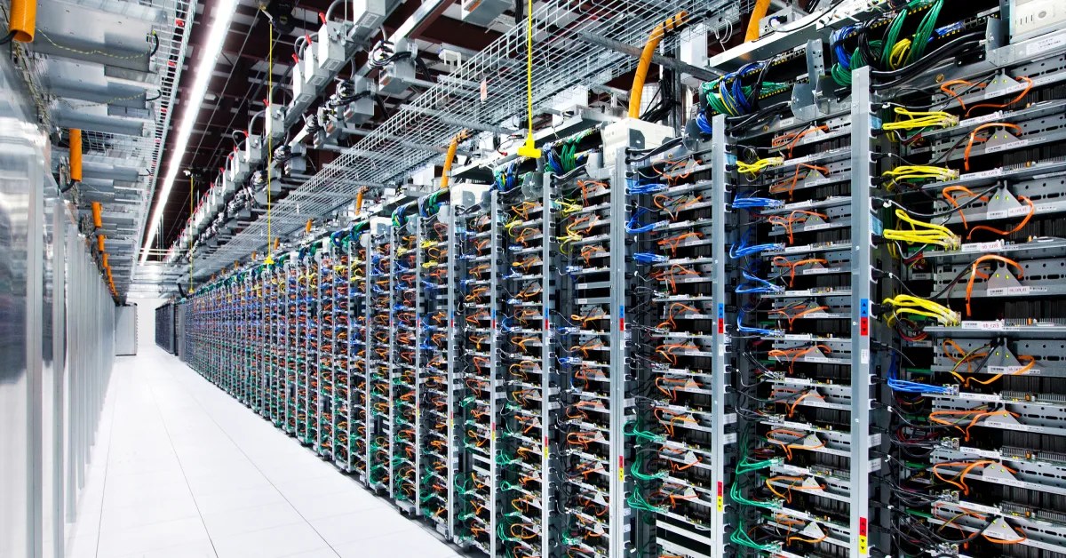 Rows of servers inside a data center