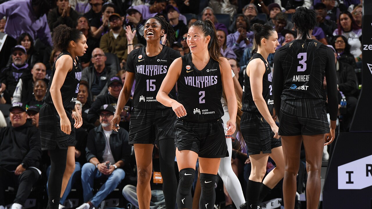 Golden State Valkyries players together on the court during the 2026 WNBA season