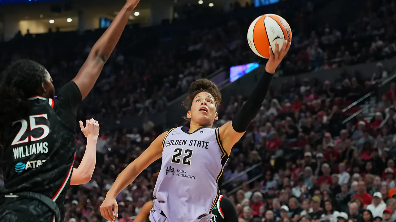 Veronica Burton drives for a layup in a Golden State Valkyries game during the 2026 WNBA season