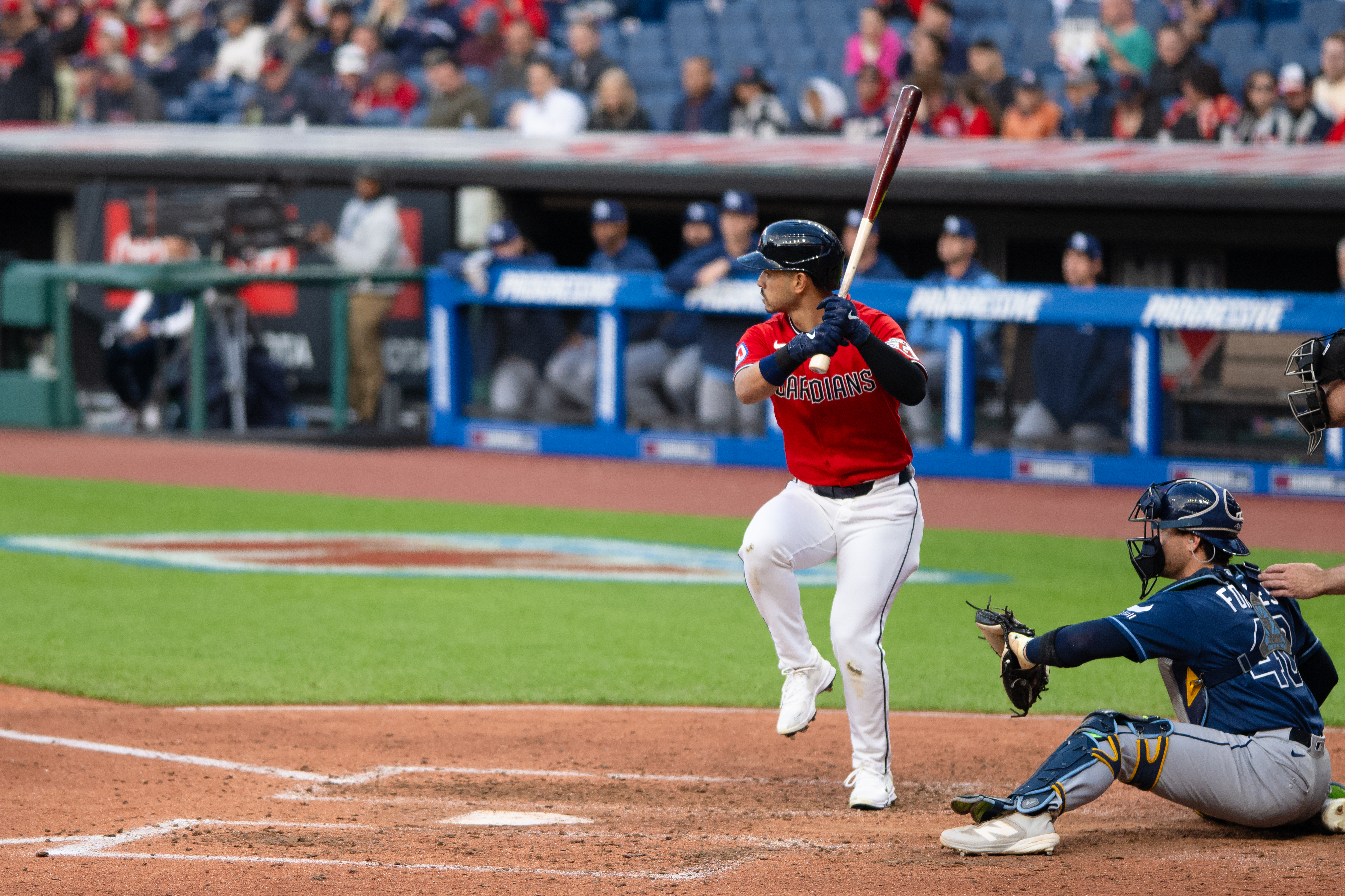Steven Kwan batting for Cleveland against Tampa Bay — Guardians vs Rays ALCS file photo