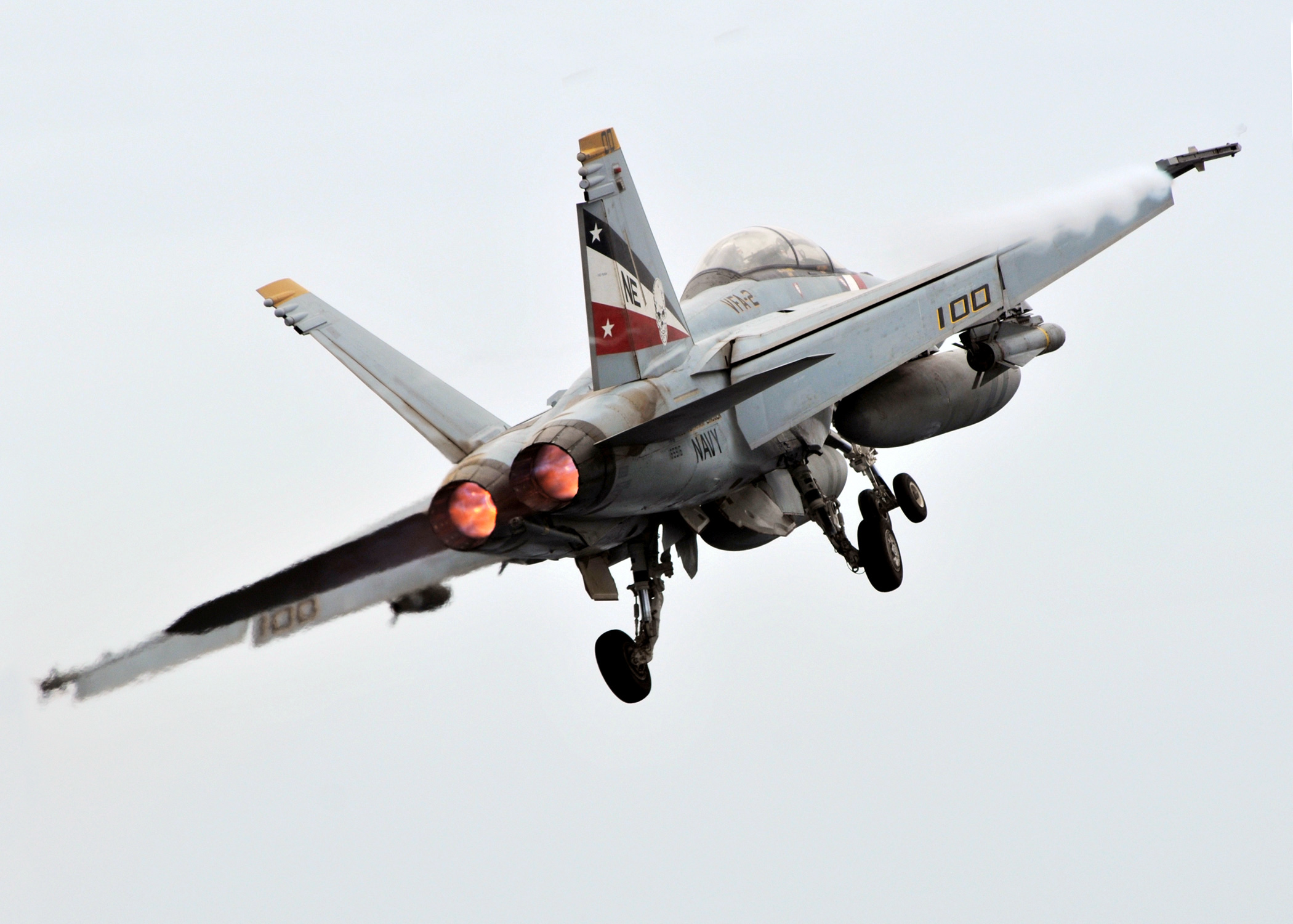 An F/A-18F Super Hornet after launching from the flight deck of USS Abraham Lincoln