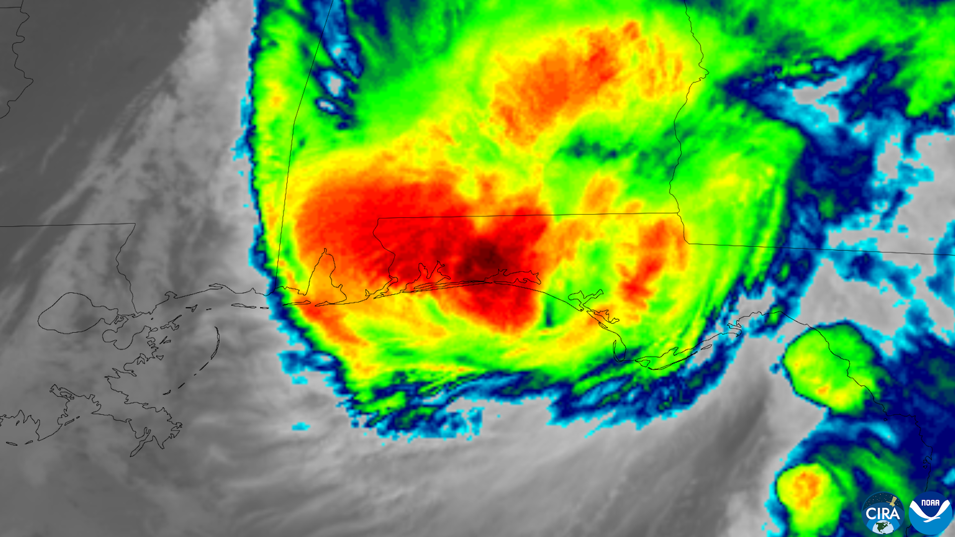 Satellite image of Hurricane Isaias making landfall near Destin, Florida