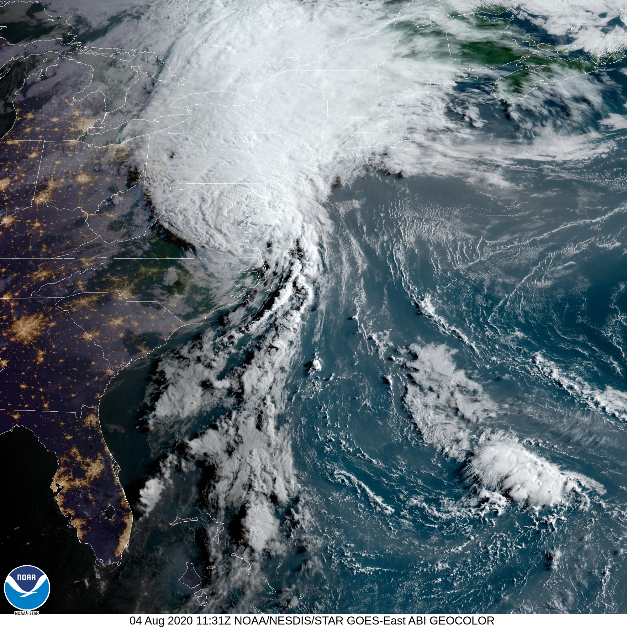 NOAA GOES-East archival satellite view of Hurricane Isaias over the eastern United States