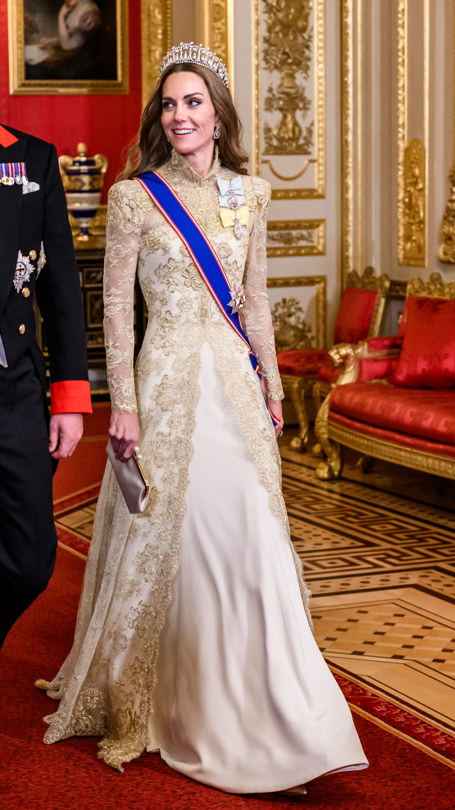 Catherine in a gold lace gown and tiara at a state banquet — Kate Middleton best dressed 2026 file photo
