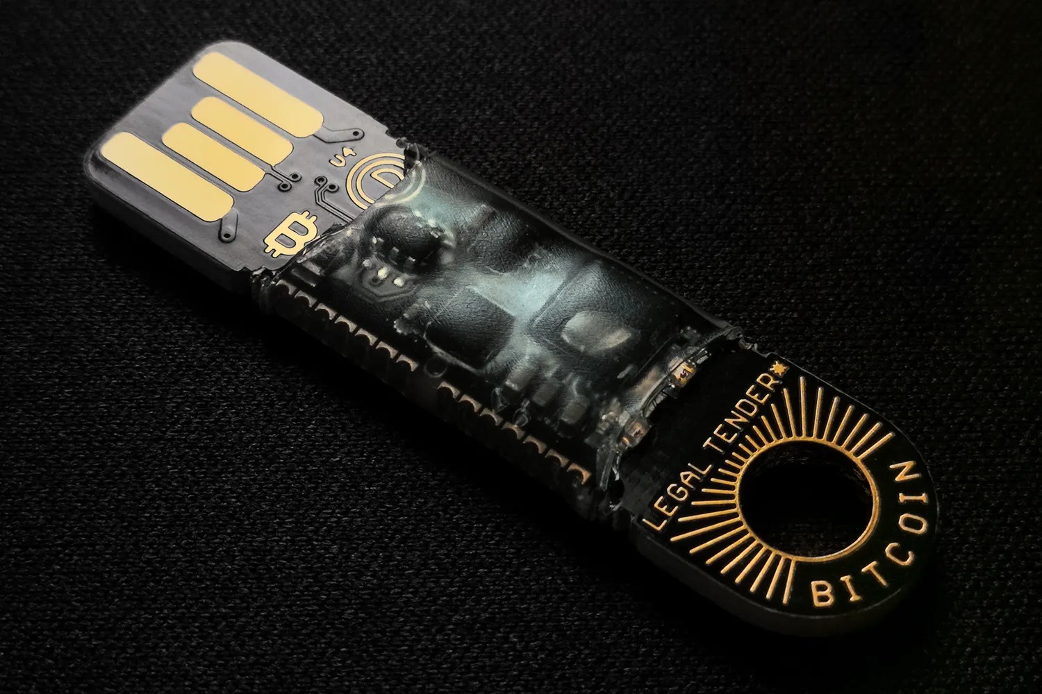 A hardware security device photographed beside its connector