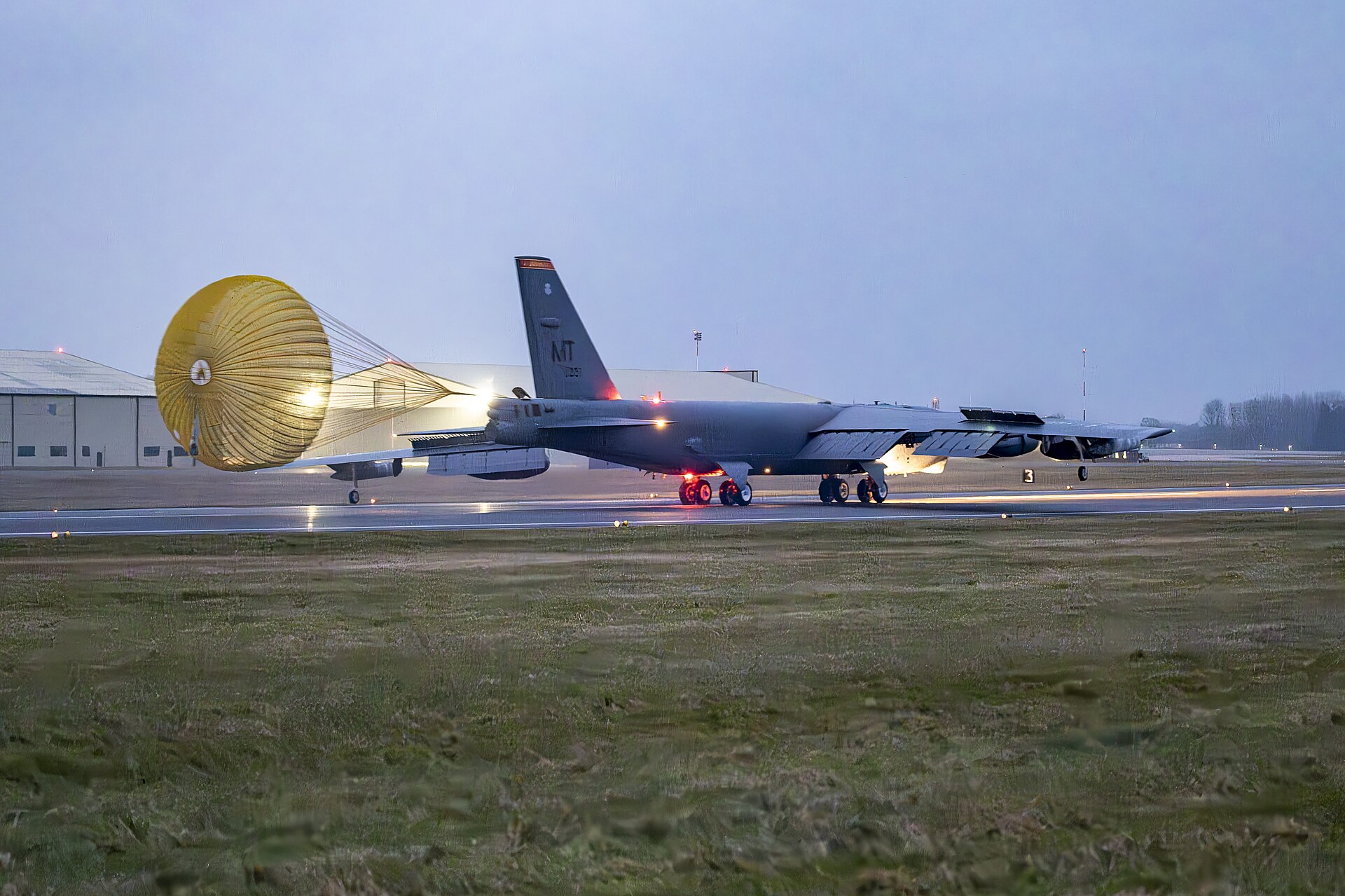 A US Air Force B-52 bomber landing at RAF Fairford in England