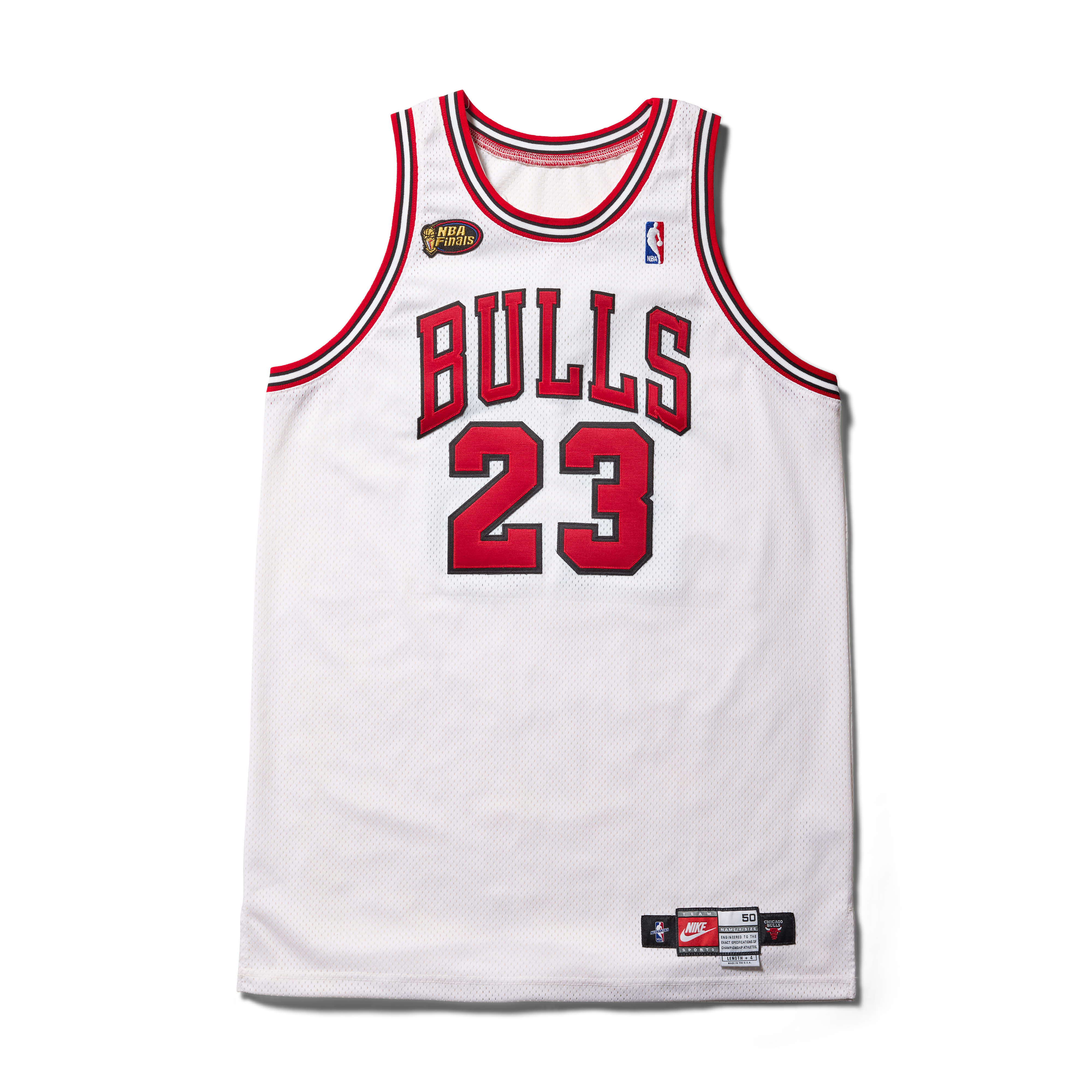 Michael Jordan's white home Chicago Bulls jersey from Game 3 of the 1998 NBA Finals, with NBA Finals patch