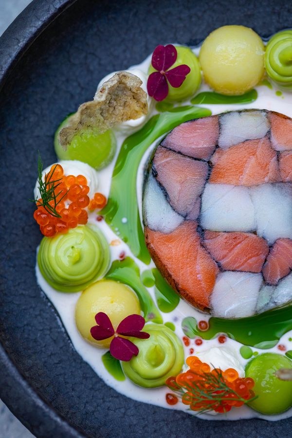 Chef presenting a carefully plated fine-dining course