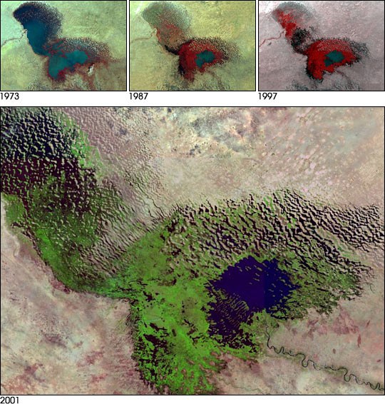 NASA satellite composite showing Lake Chad shrinking, the basin where ISWAP operates across Nigeria, Chad, Niger and Cameroon