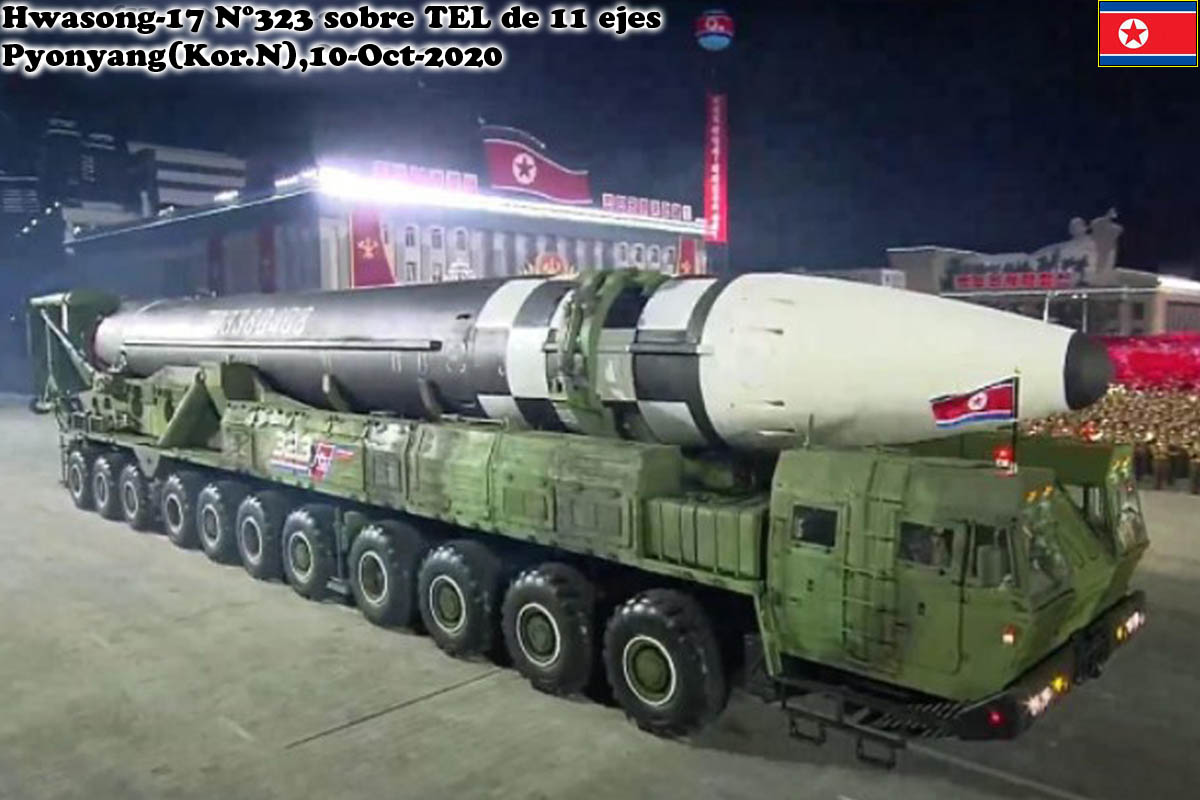 A Hwasong-17 intercontinental ballistic missile on an eleven-axle launcher at a parade in Pyongyang, North Korea