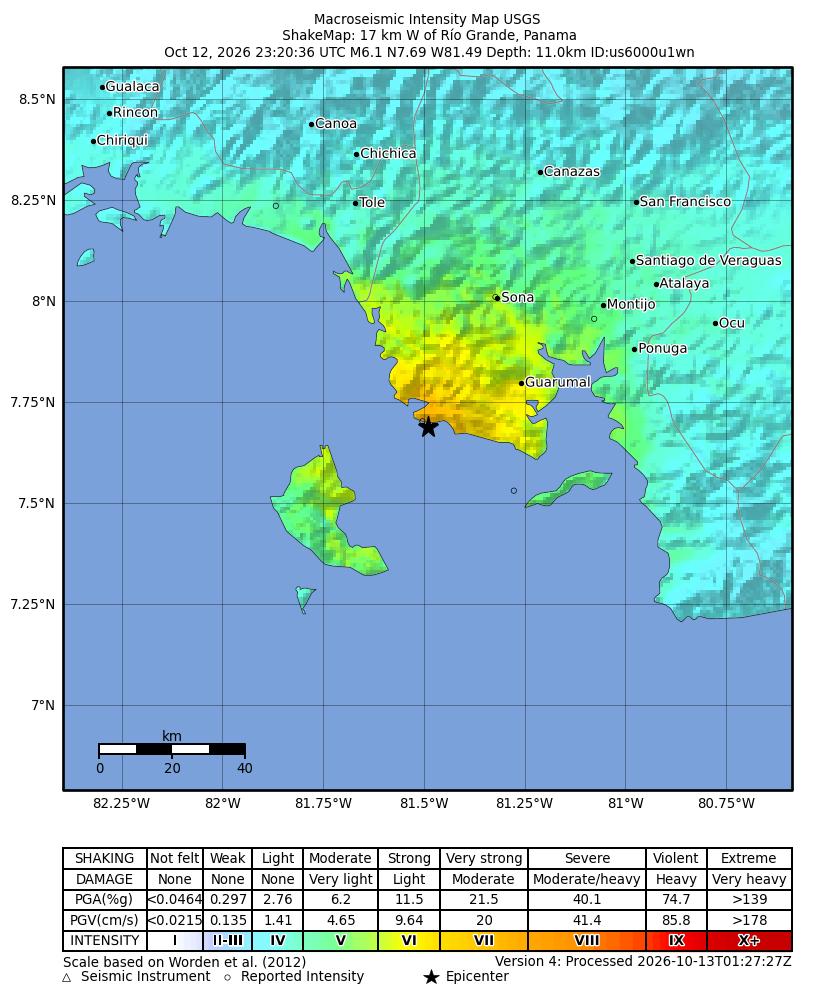 USGS ShakeMap for the magnitude 6.1 earthquake near Rio Grande, Panama on October 12, 2026