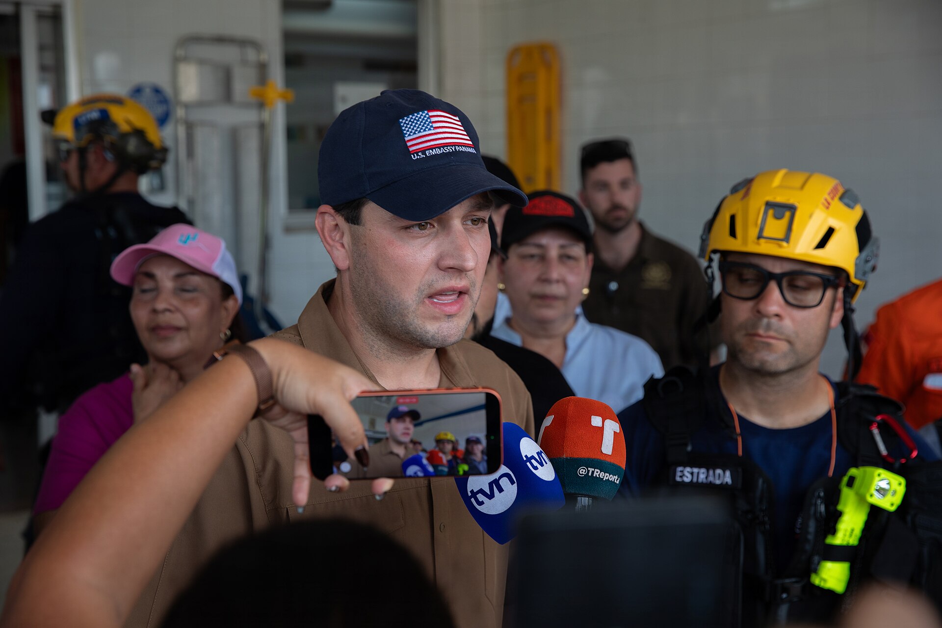 U.S. Ambassador Kevin Marino Cabrera speaking with local media about earthquake relief needs in Sona, Veraguas, Panama