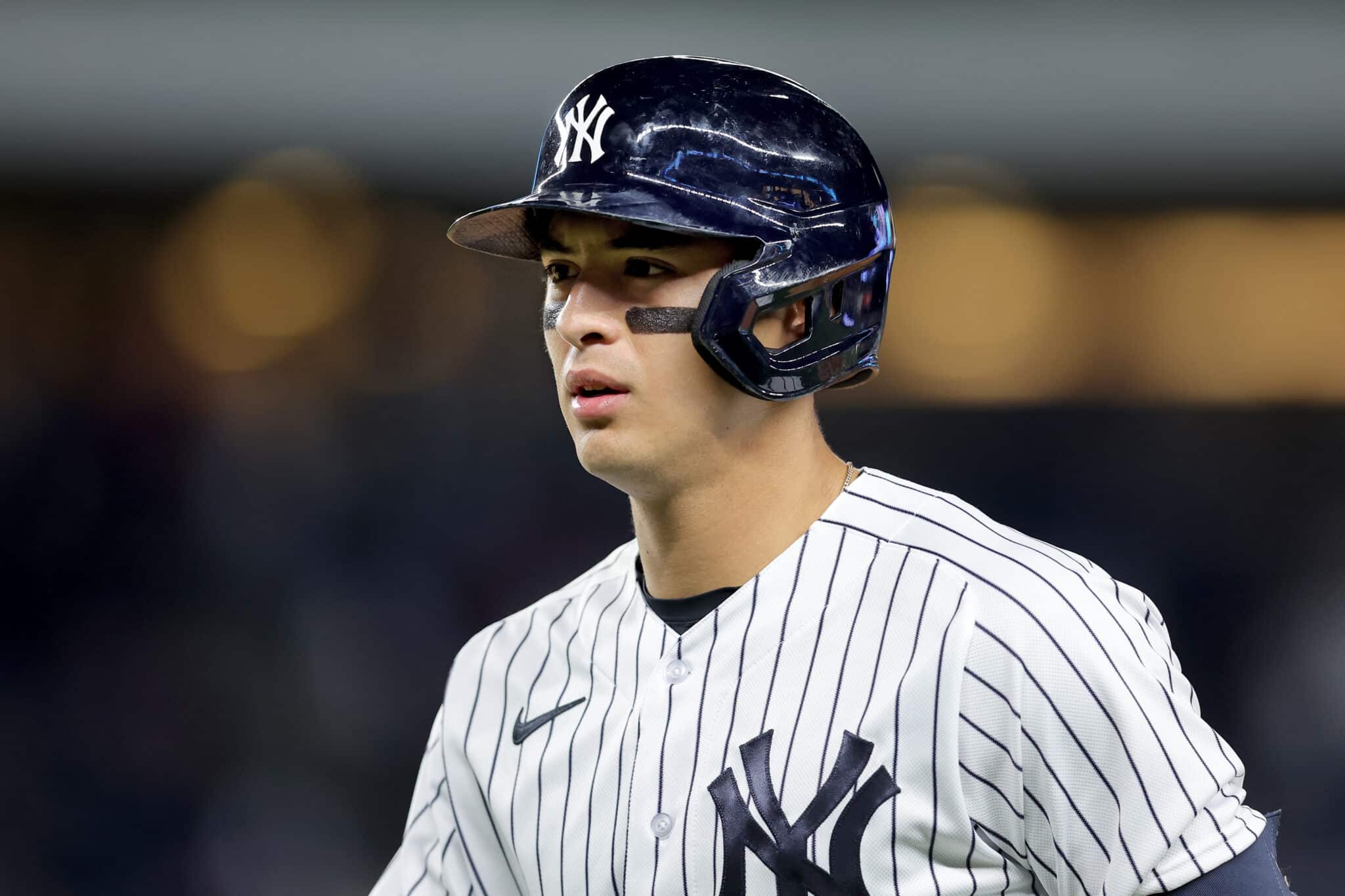 Anthony Volpe of the Yankees before his apparent home run was overturned for fan interference against the Rays