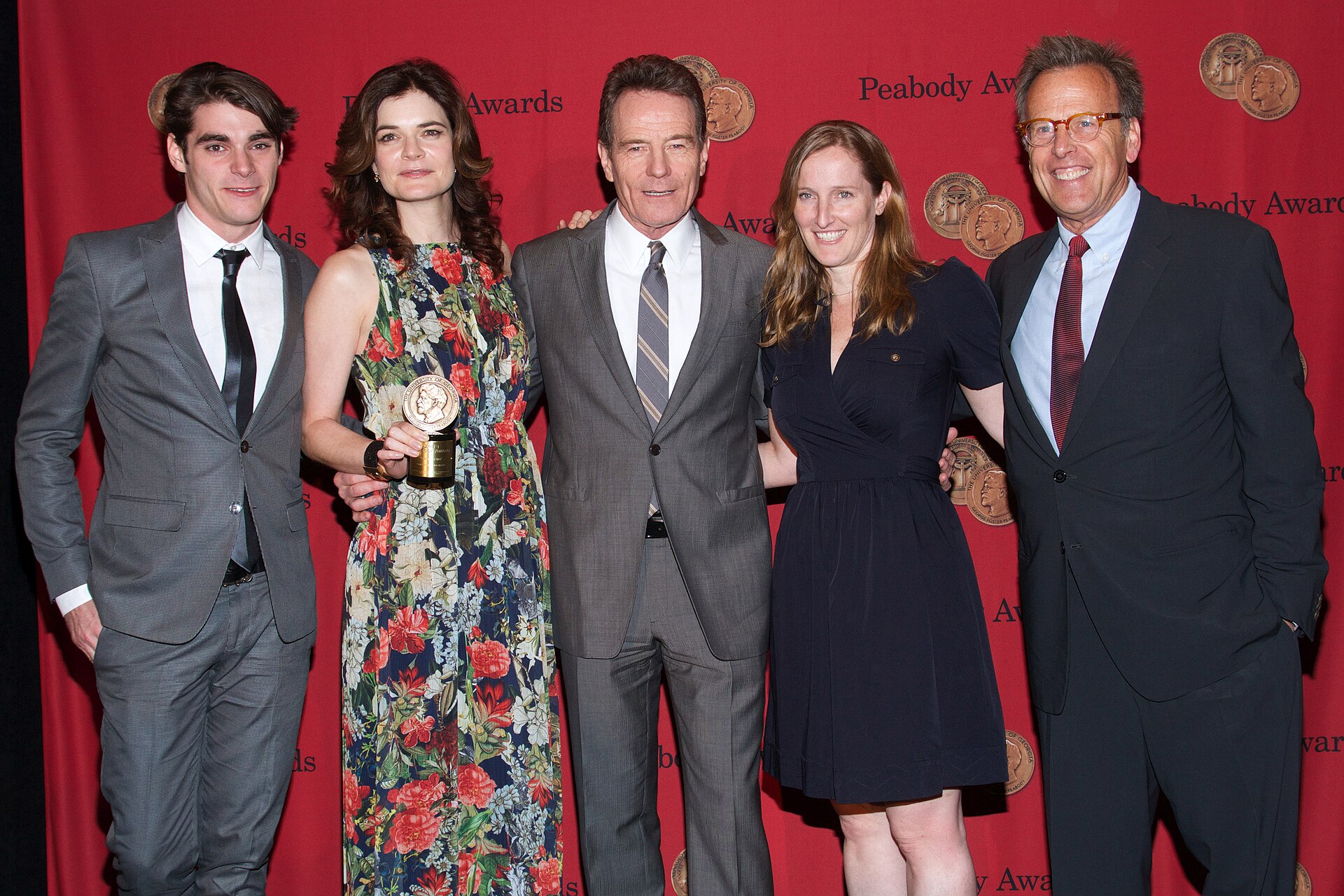 RJ Mitte with Betsy Brandt, Bryan Cranston and producer Mark Johnson at the Peabody Awards