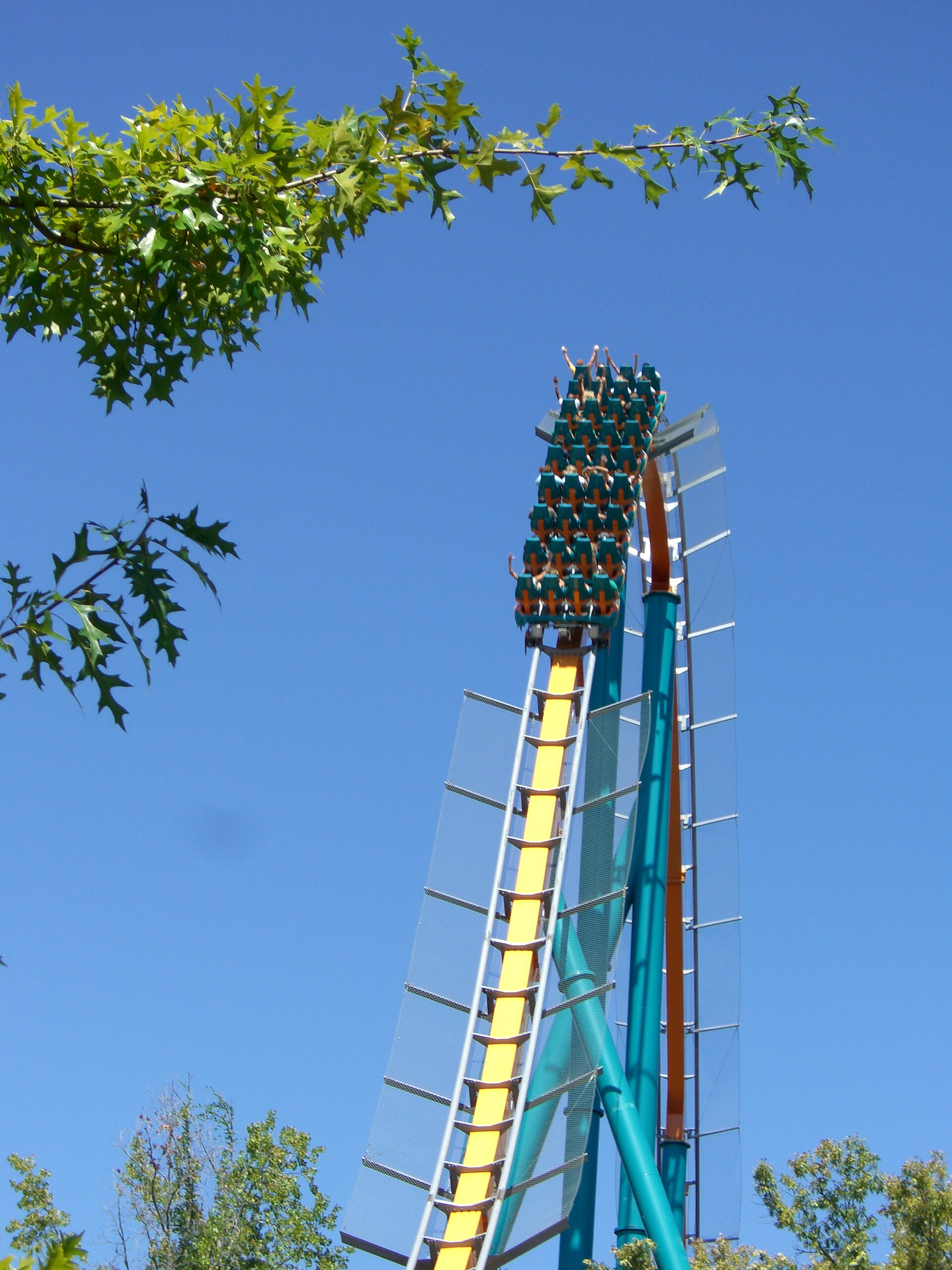Goliath roller coaster train cresting a hill at Six Flags Over Georgia — Six Flags closes nine rides file photo