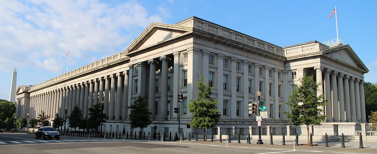 United States Treasury Building as the 10-year treasury yield and Fed minutes rate hikes drive markets