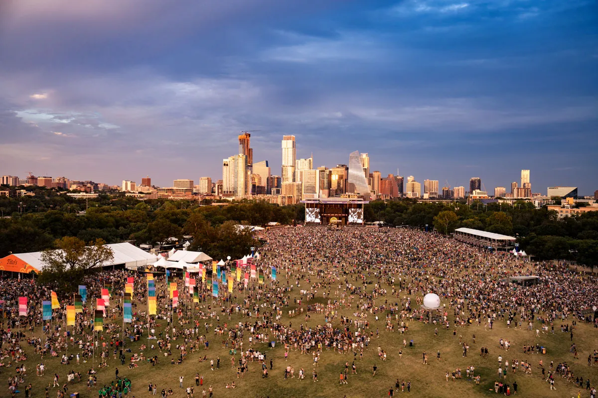 Aerial view of Austin City Limits Festival at Zilker Park, where Talarico returned to the campaign trail