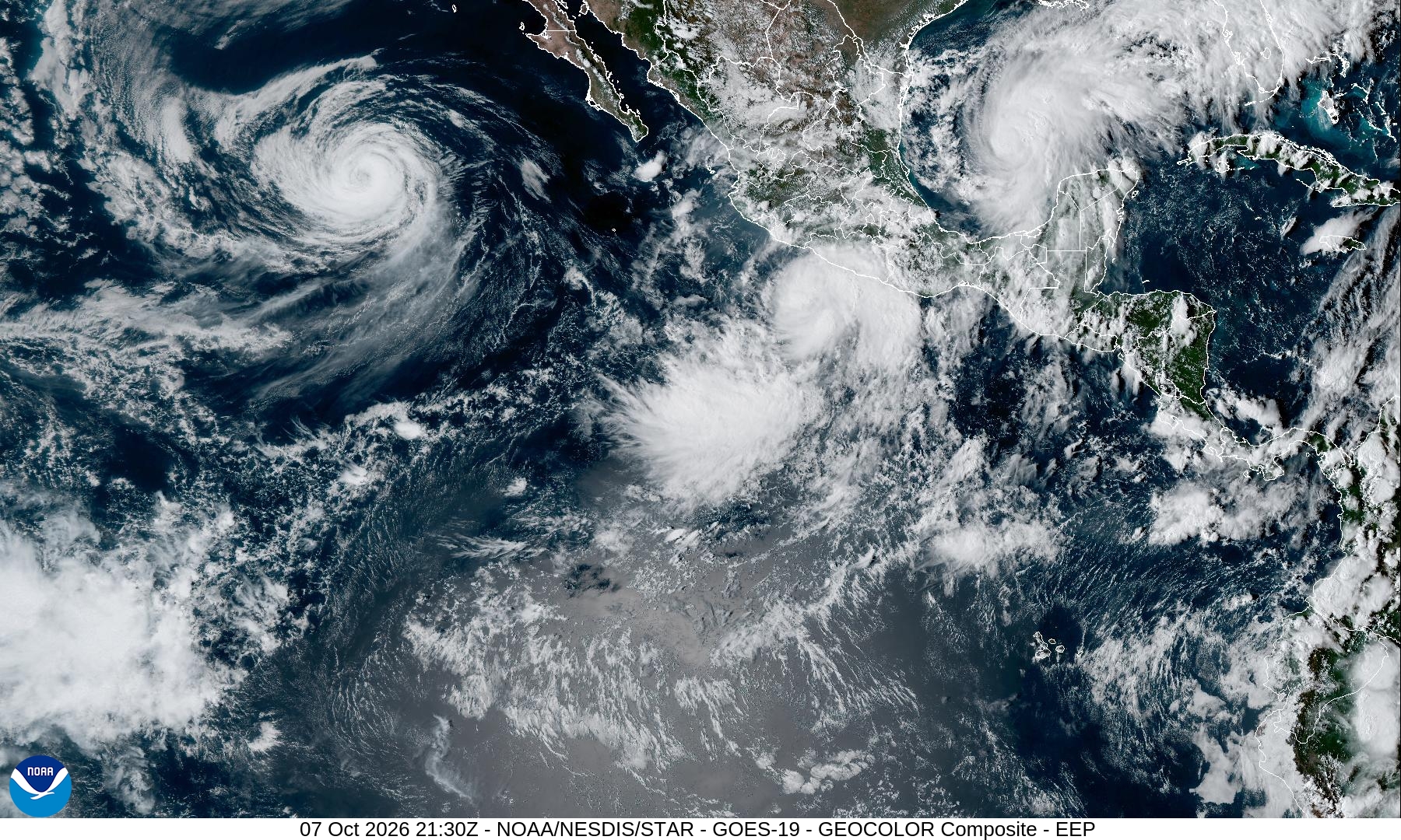GOES-19 satellite view of the eastern Pacific on October 7, 2026 as Tropical Depression Twenty-E organizes off southern Mexico
