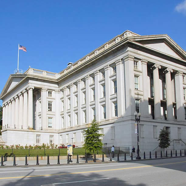 The U.S. Treasury building — the $500 checks come from surplus ACA user fees held by the Treasury