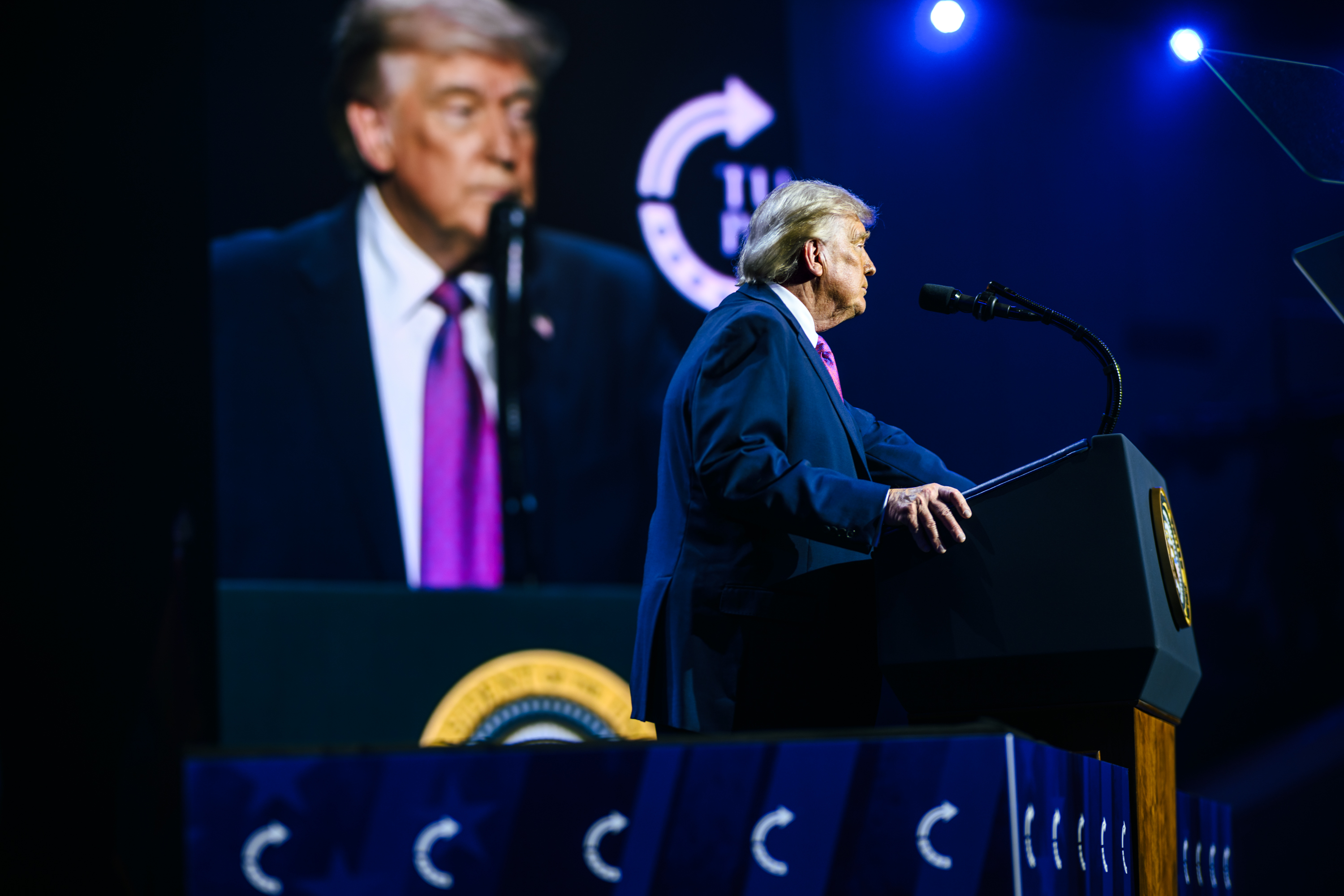Donald Trump speaking at a 2026 rally