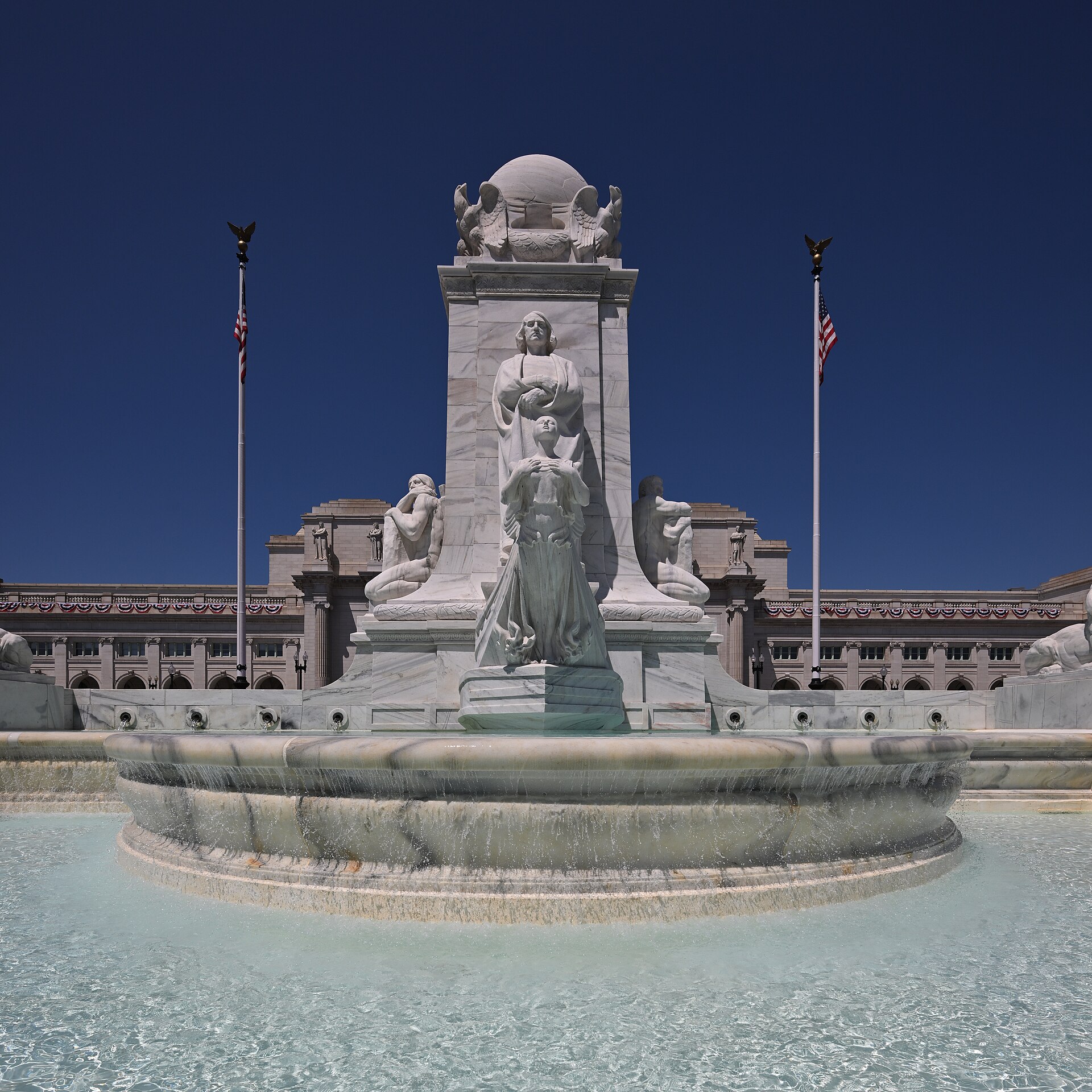The restored Christopher Columbus Memorial Fountain, running again in front of Union Station in Washington, D.C.