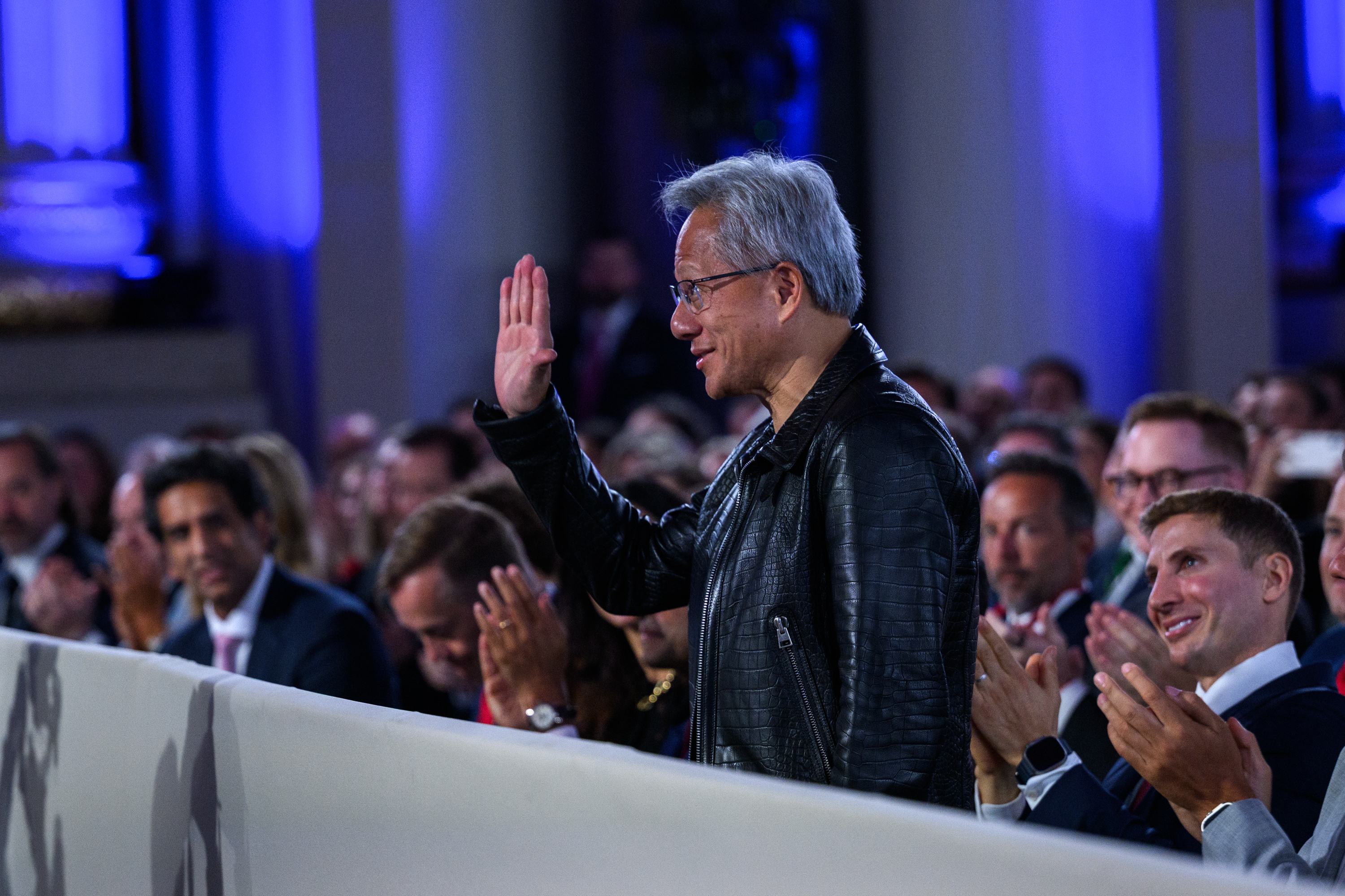 President Donald Trump recognizes Nvidia CEO Jensen Huang at the White House AI Summit; the Trump Genesis Mission 2.4 billion tech pledge announcement