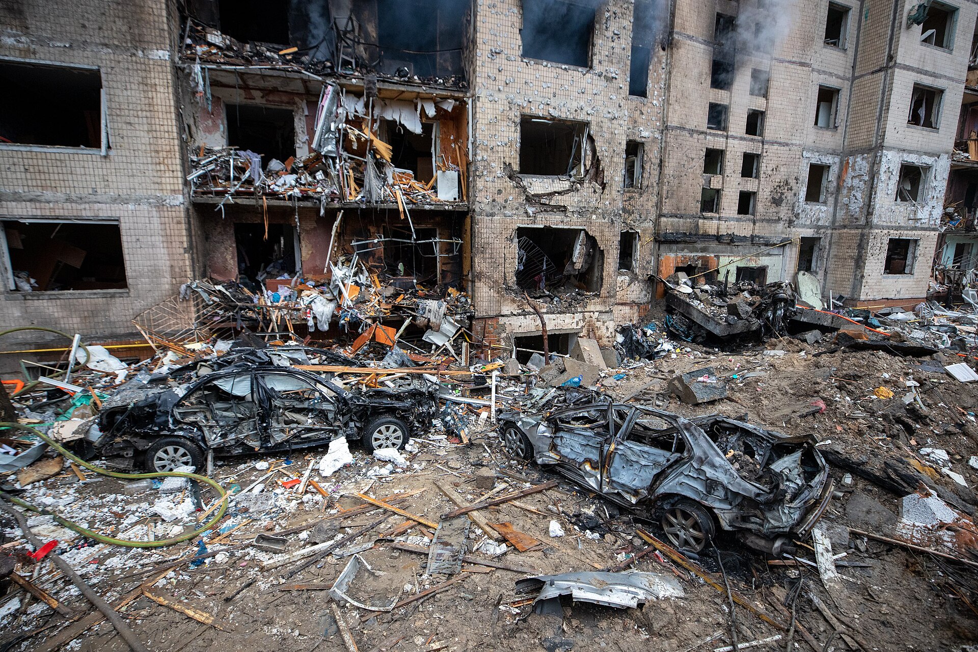 A residential building in Kyiv's Solomianskyi district destroyed in an earlier Russian missile attack, Ukraine war briefing