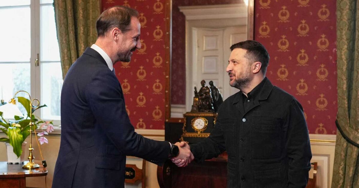 President Volodymyr Zelenskyy shaking hands with Crown Prince Haakon of Norway in Oslo during his October 2026 visit to Norway, a day before his Fox and Friends remarks on freezing the front lines