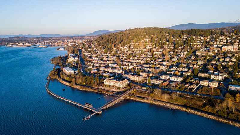 Aerial view of Bellingham, Washington, where James Cody Bryant was arrested in the Tumbler Ridge school shooting case