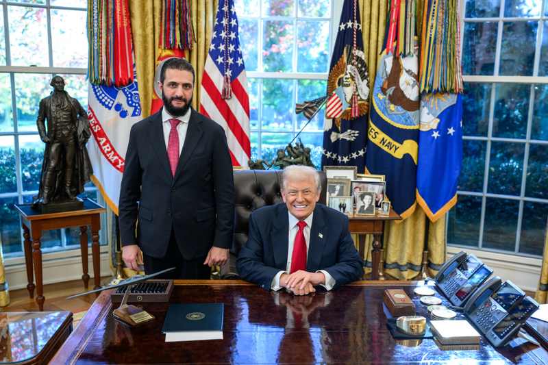 Syrian President Ahmed al-Sharaa with US President Donald Trump in November 2025 — Washington is among the capitals Riyadh has asked for Yemen war support