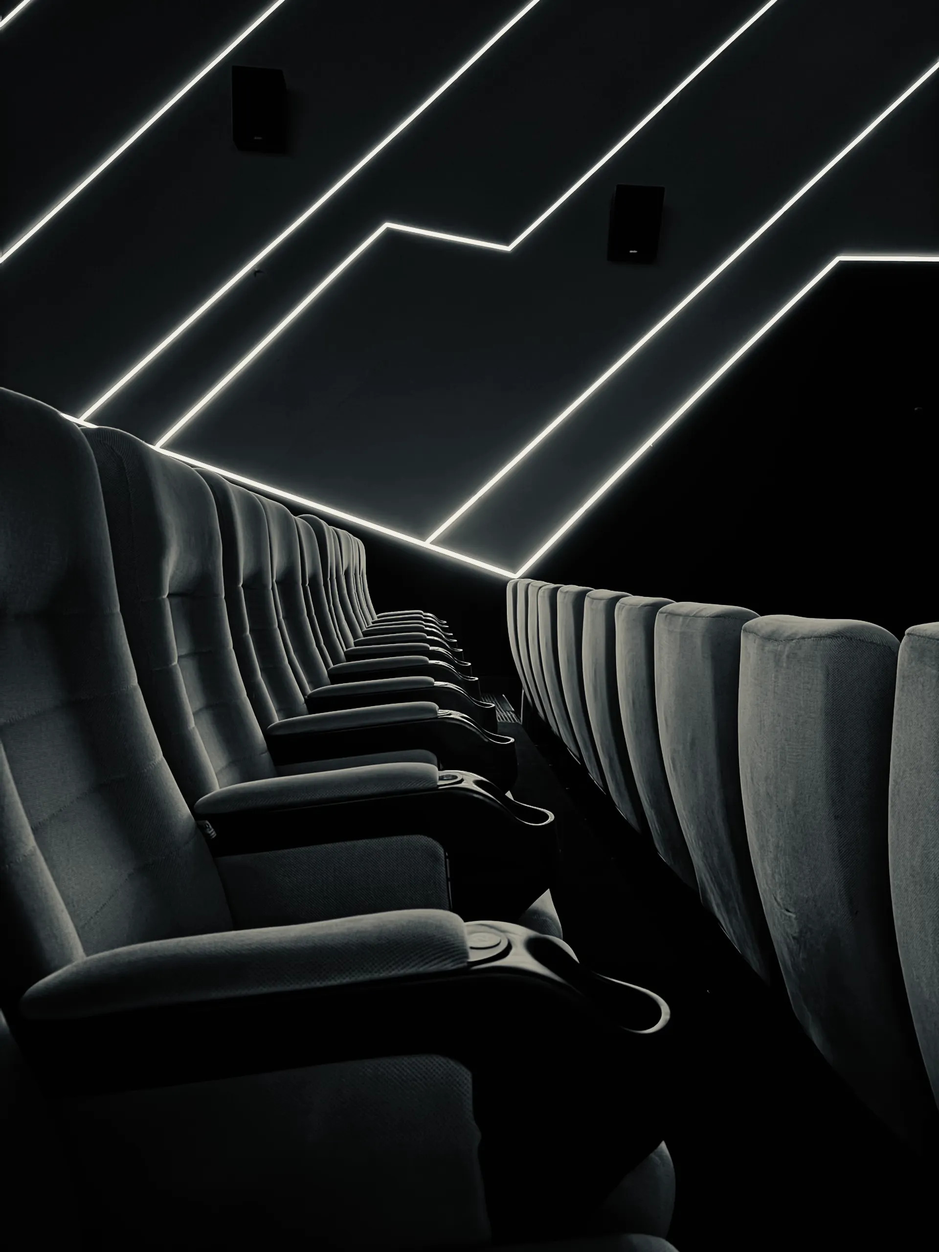 Rows of empty cinema seats in a dark movie theater