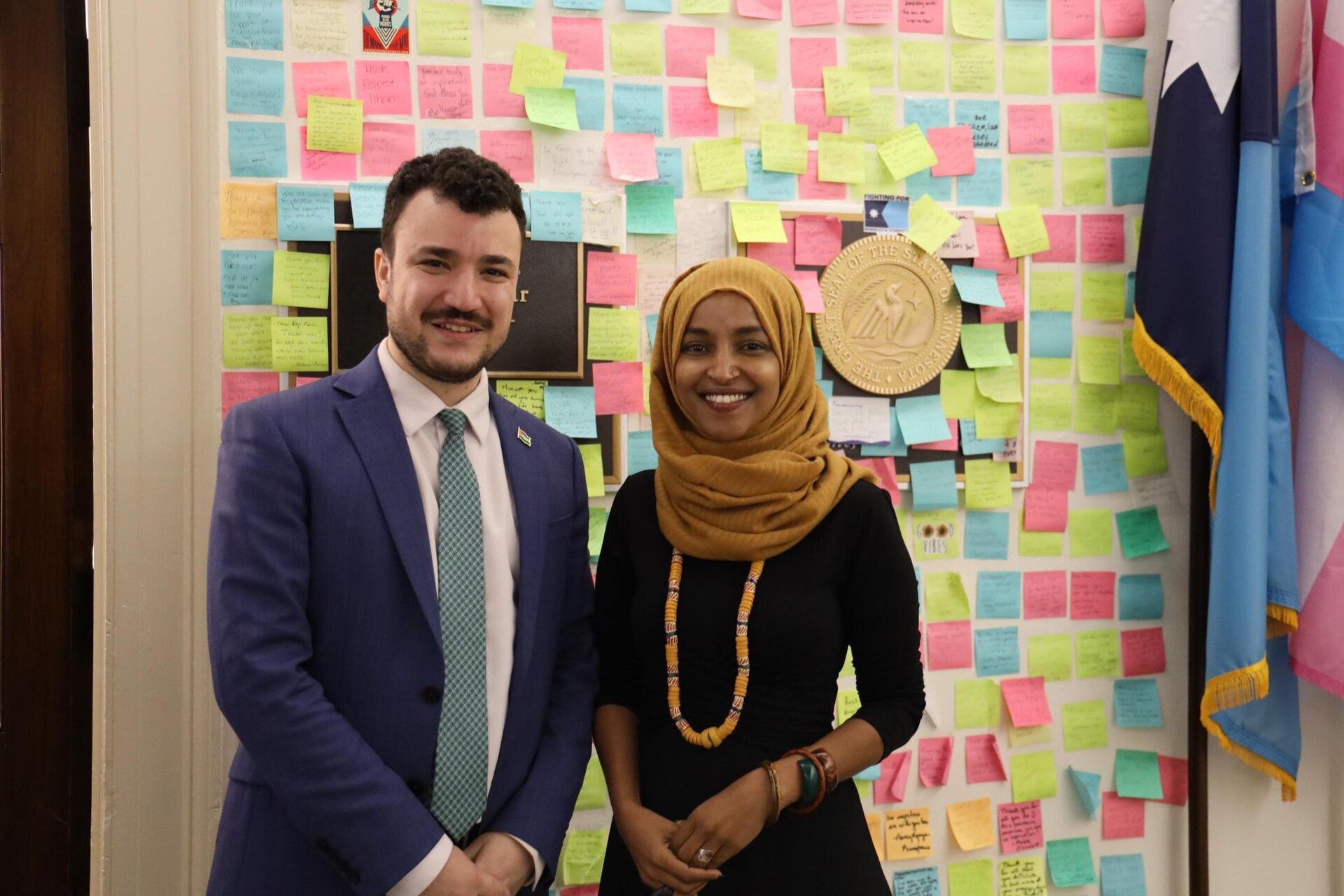 Rep. Ilhan Omar in her Washington congressional office in 2025, with activist Mahmoud Khalil — file photo