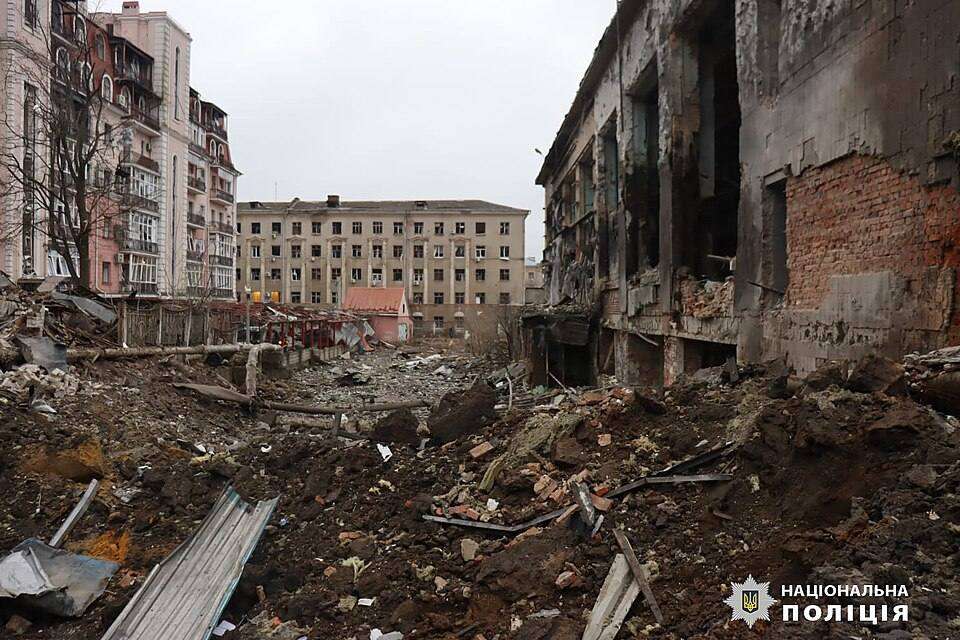 Rubble and damaged buildings in Kharkiv after a January 2024 Russian attack — file image for the September 28 Kharkiv guided bomb strike analysis