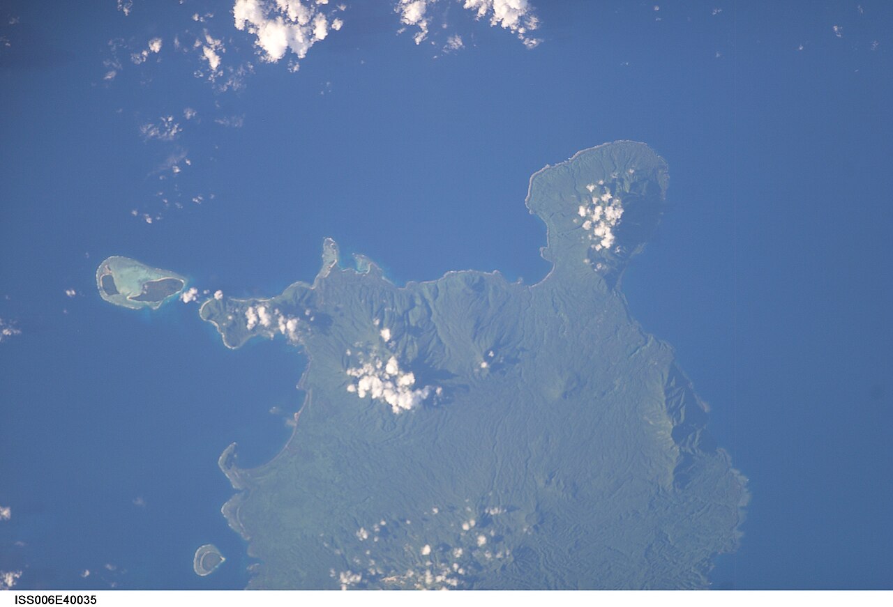 Vanua Lava island in Vanuatu seen from the International Space Station; its capital Sola was the reference point in the first wire reports of the earthquake