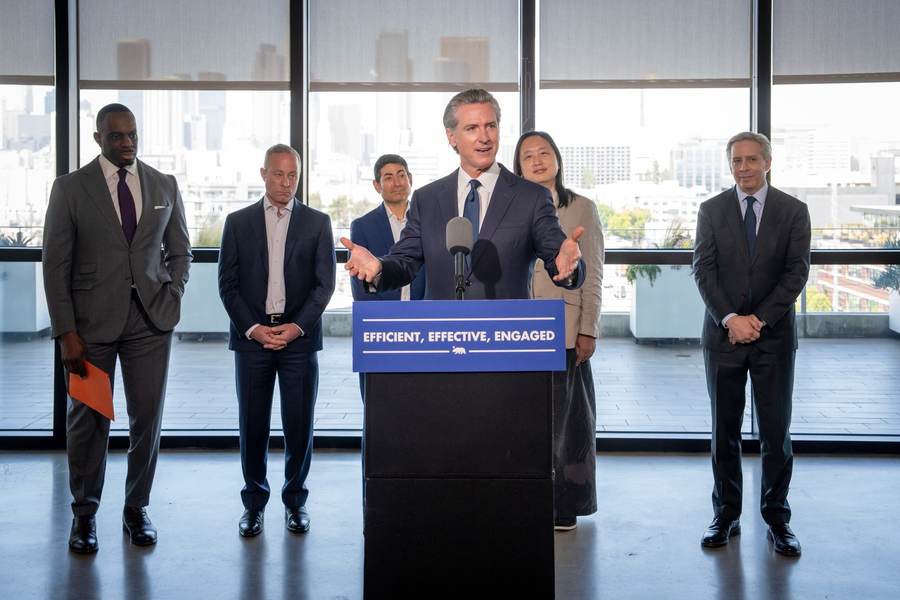 California Governor Gavin Newsom speaks at a state artificial intelligence event with technology and government leaders