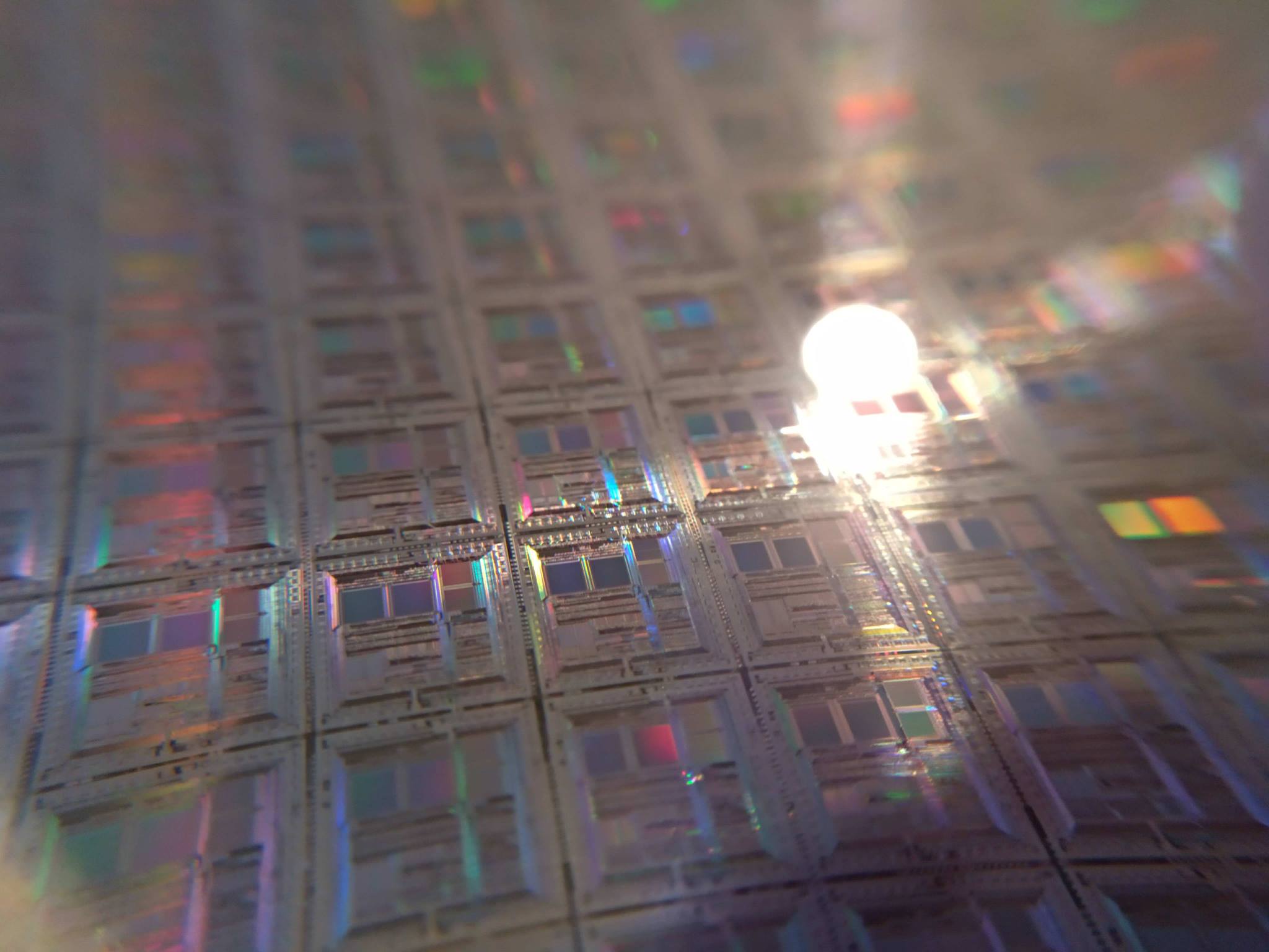Patterned silicon wafer close-up — advanced AI chips printed by ASML EUV lithography machines
