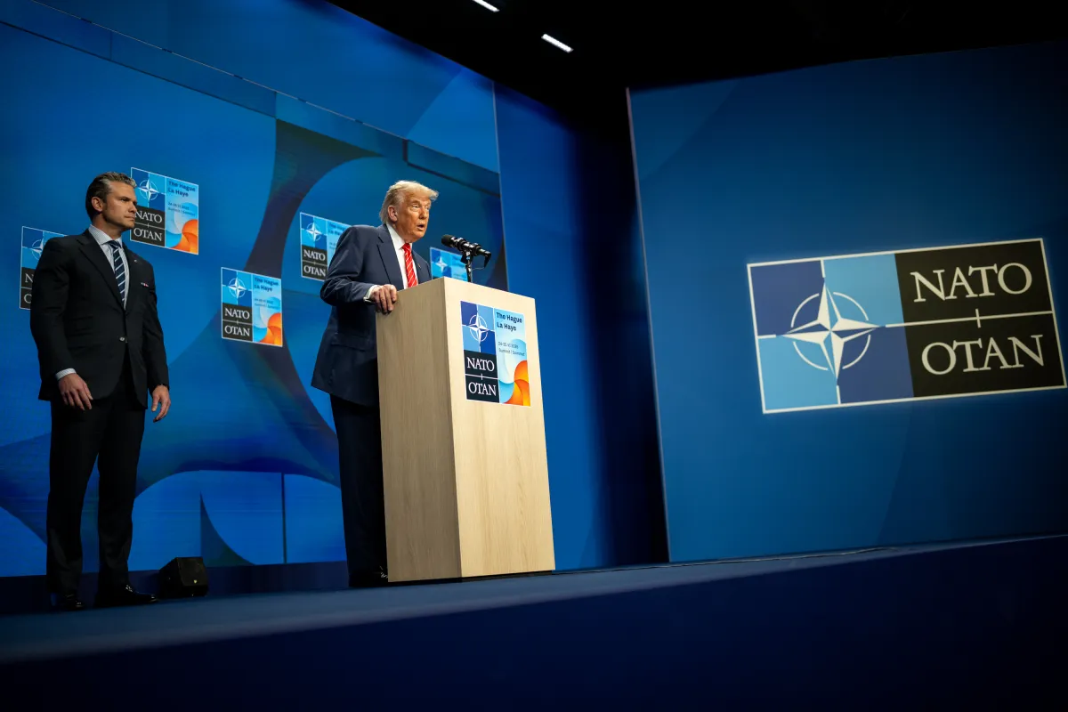President Donald Trump speaks at the 2025 NATO summit as the Trump NATO naughty nice list dispute returns
