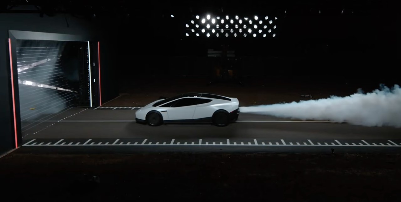 The Tesla Roadster launches down a measured track at McGregor trailing a plume of cold gas