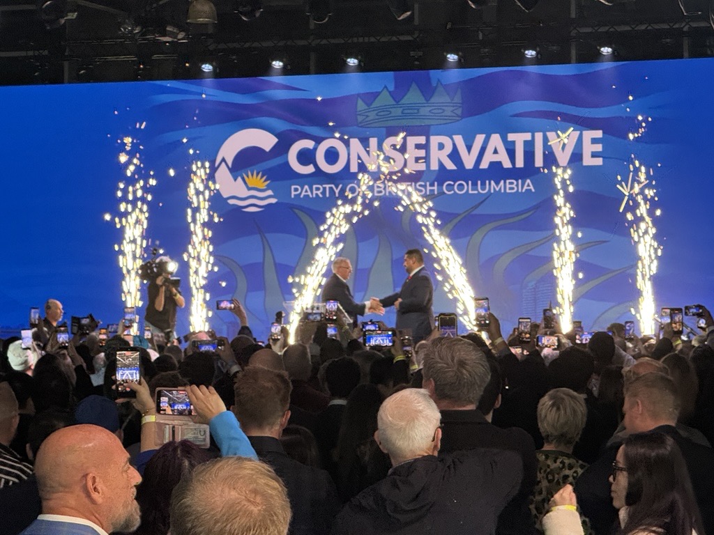 Premier-elect Lorne Doerkson arrives on stage to fireworks at Conservative headquarters as British Columbia election results 2026 are declared