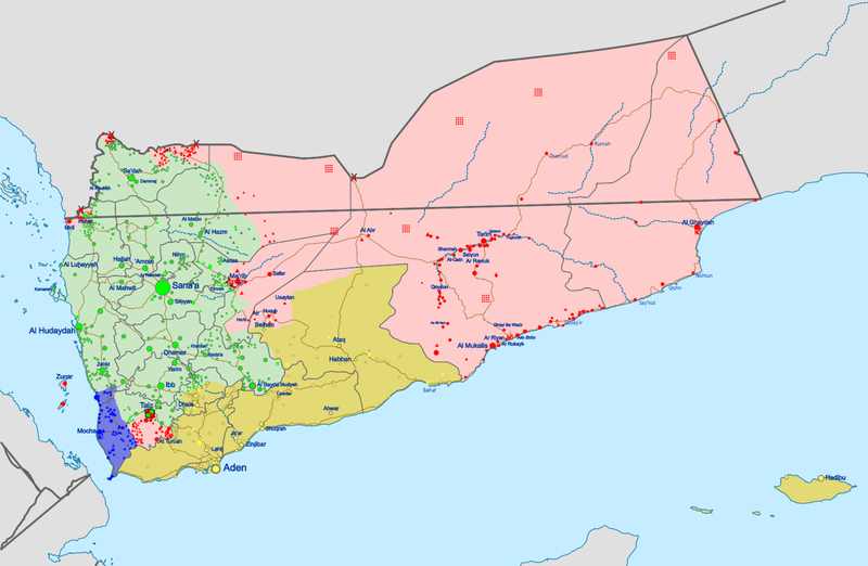 Map of territorial control in Yemen showing the front lines of the civil war, illustrating the Red Sea coast now contested in the Bab el-Mandeb offensive