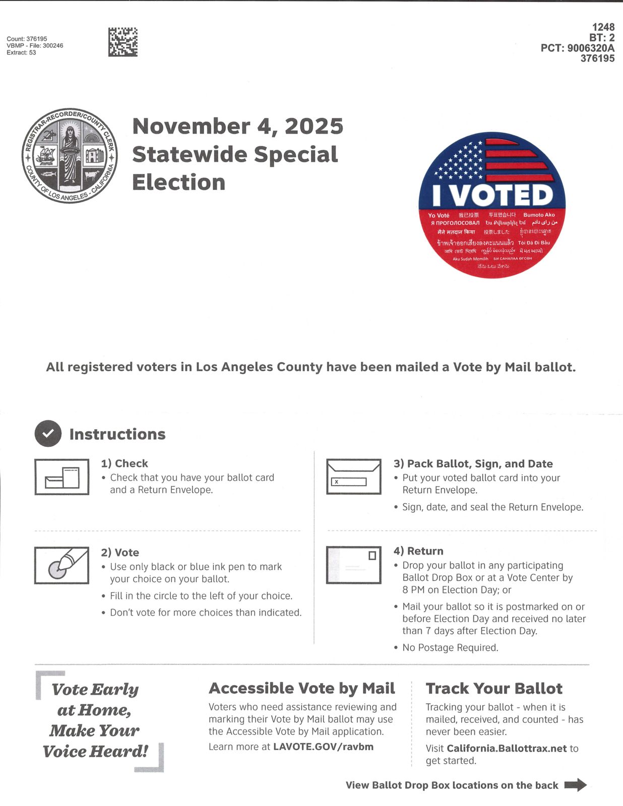 A California mail ballot sent to a Los Angeles County voter, the kind of ballot at issue in the DOJ noncitizen voter list dispute