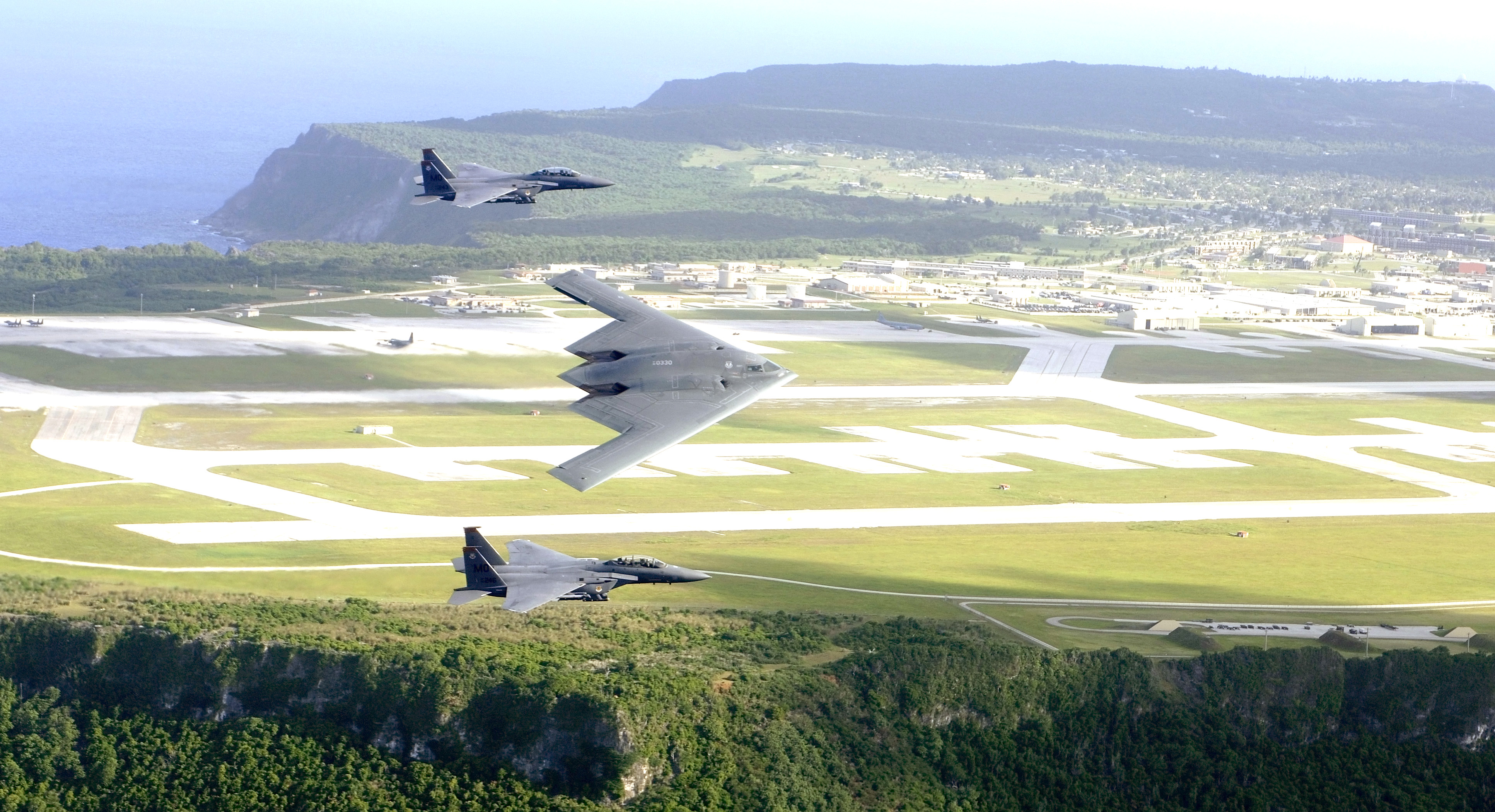 B-2 and F-15 over Andersen Air Force Base Guam — Guam missile range North Korea threat