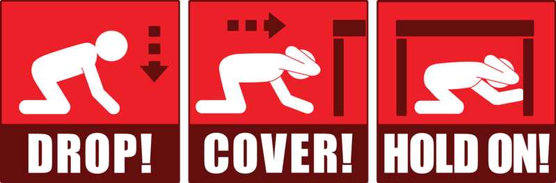 USGS Drop, Cover, Hold On earthquake safety graphic showing the three protective actions