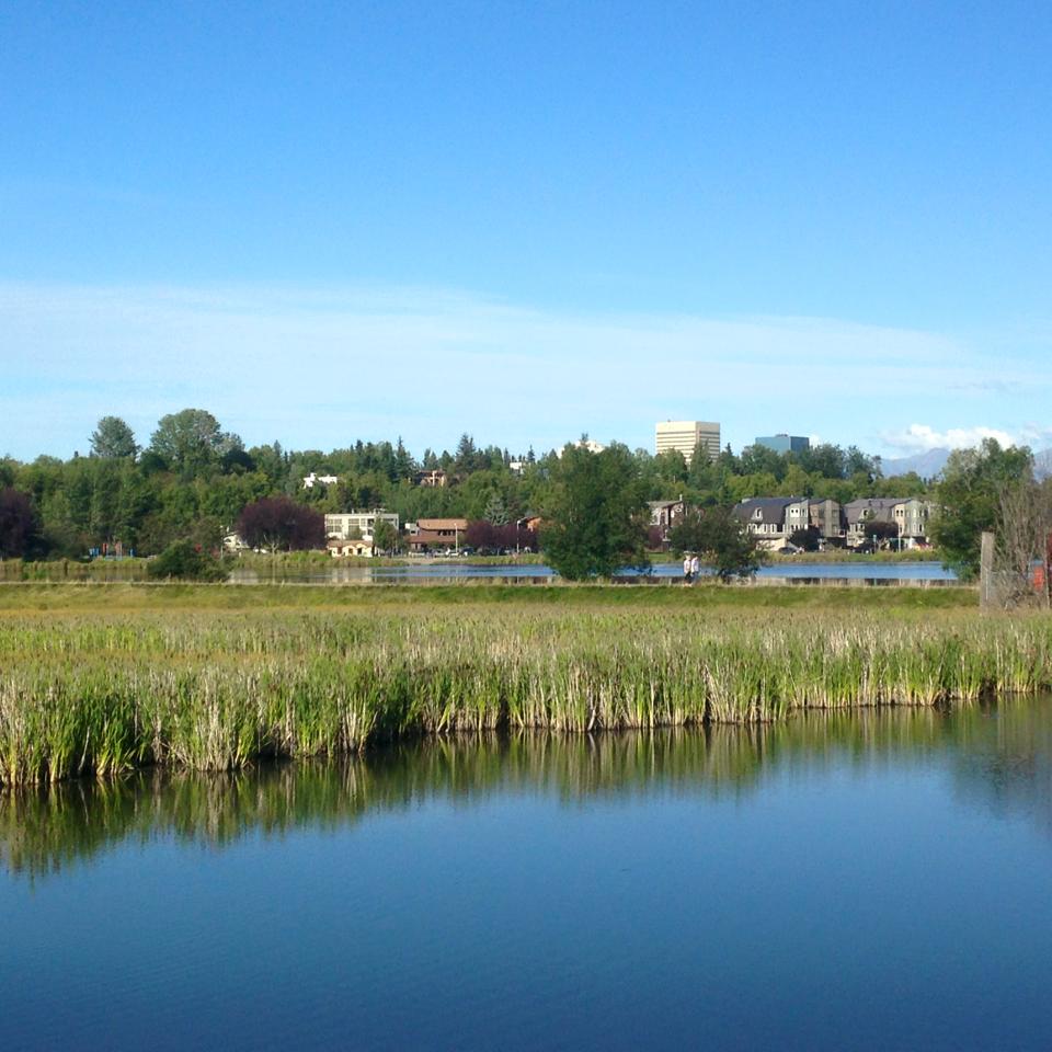 Downtown Anchorage, Alaska, seen across Westchester Lagoon from the Tony Knowles Coastal Trail — the city where the Alaska Senate race lawsuit was filed