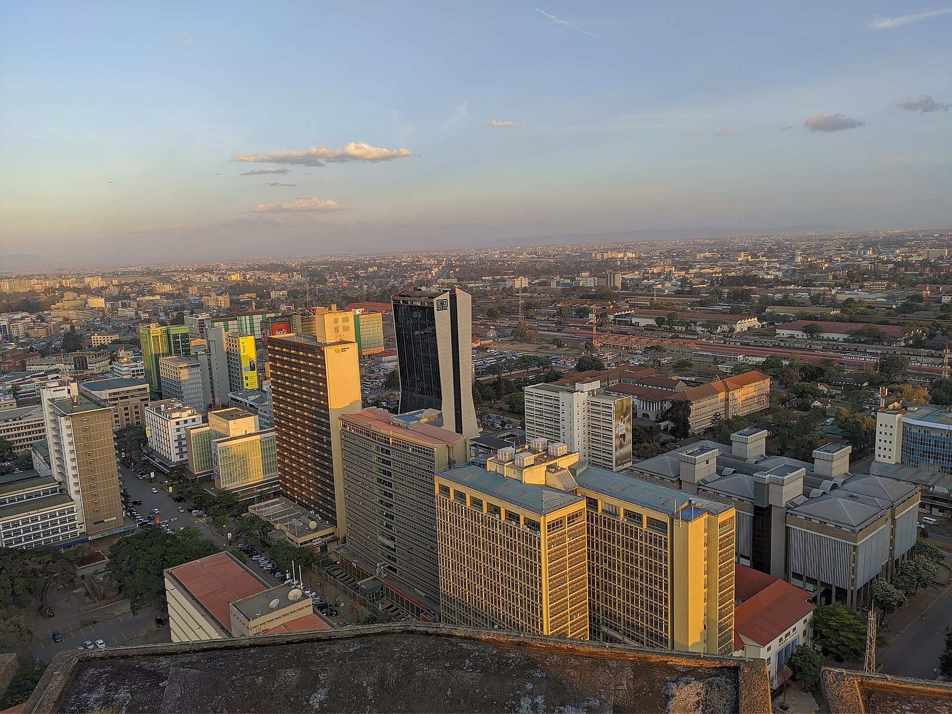 Nairobi skyline at golden hour from the KICC rooftop, host city of the African Boxing Championships where Aziz Abdul was disqualified